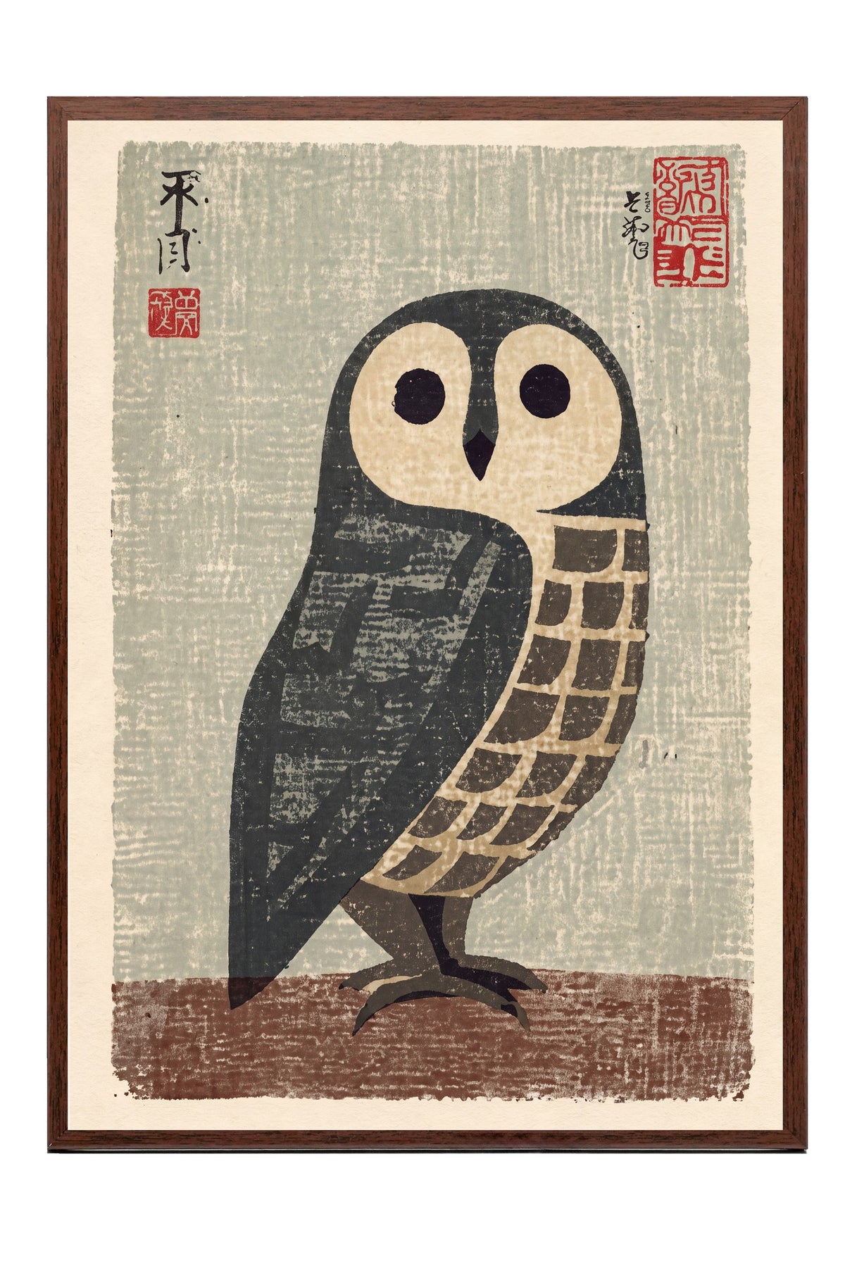 Japon Baskı Baykuş Poster – Kahverengi Çerçeveli Tablo