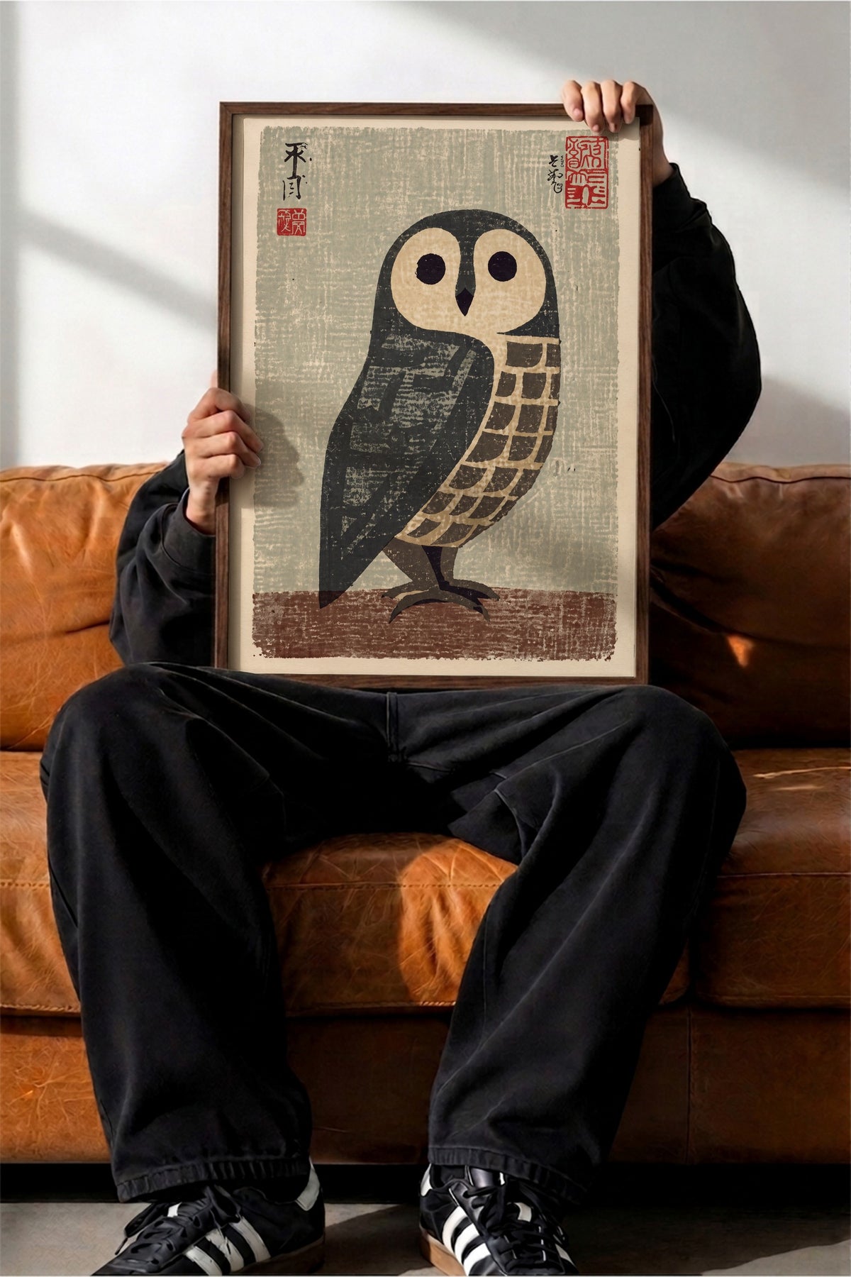 Japon Baskı Baykuş Poster – Kahverengi Çerçeveli Tablo