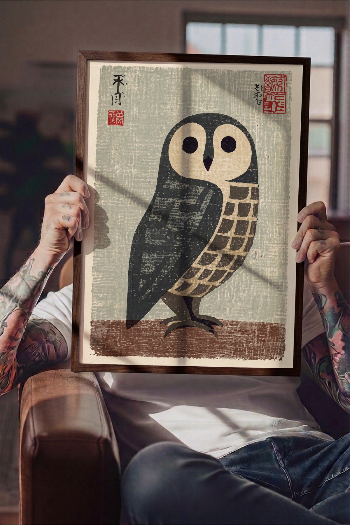 Japon Baskı Baykuş Poster – Kahverengi Çerçeveli Tablo