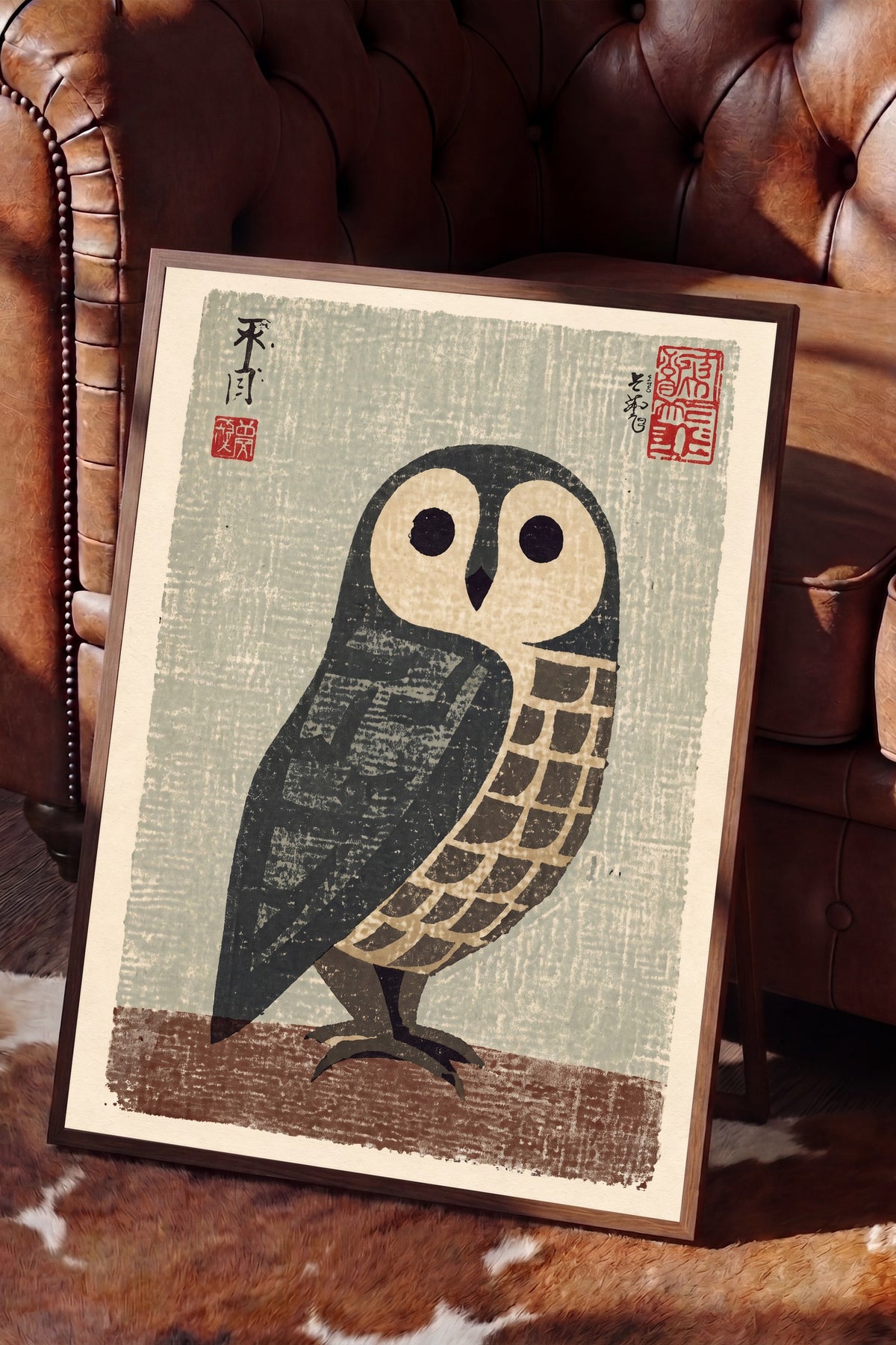 Japon Baskı Baykuş Poster – Kahverengi Çerçeveli Tablo
