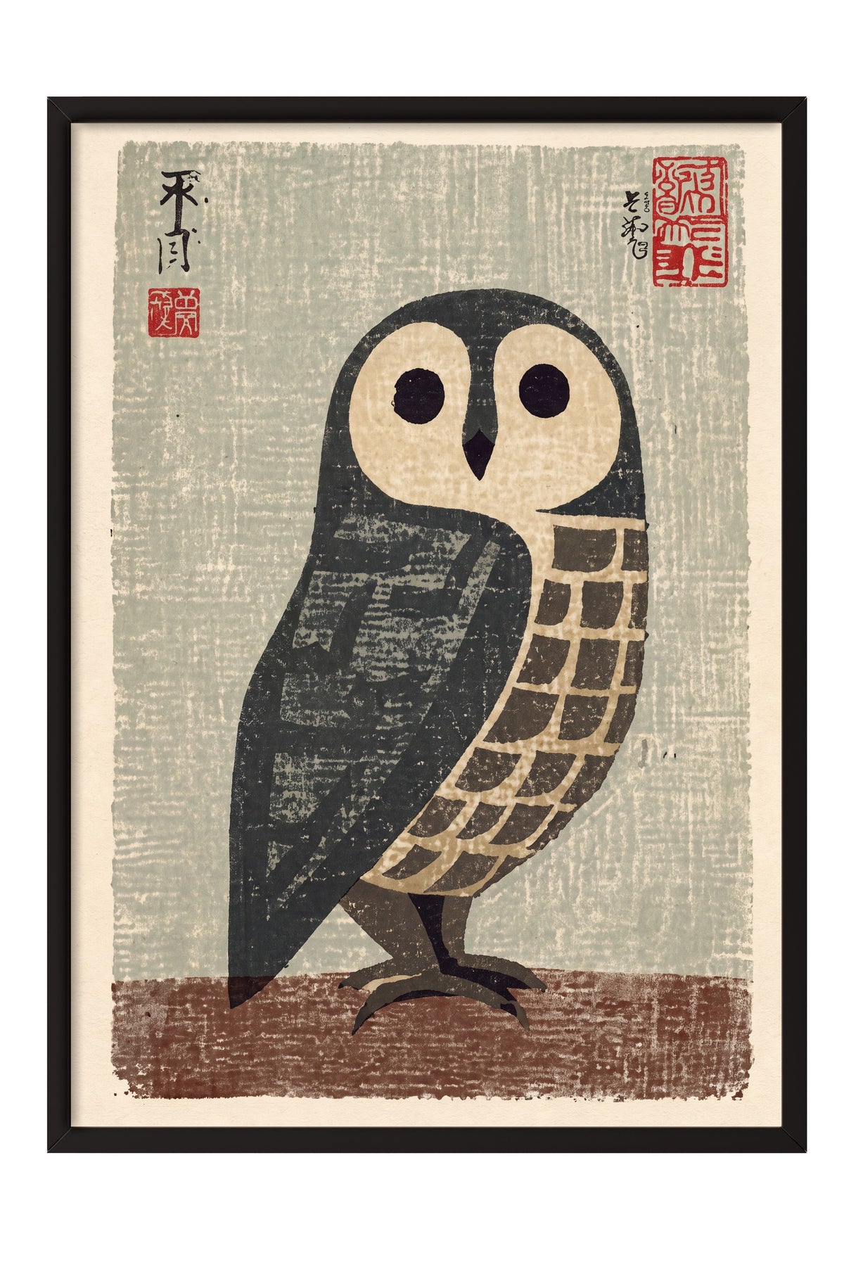 Japon Baskı Baykuş Poster – Siyah Çerçeveli Tablo