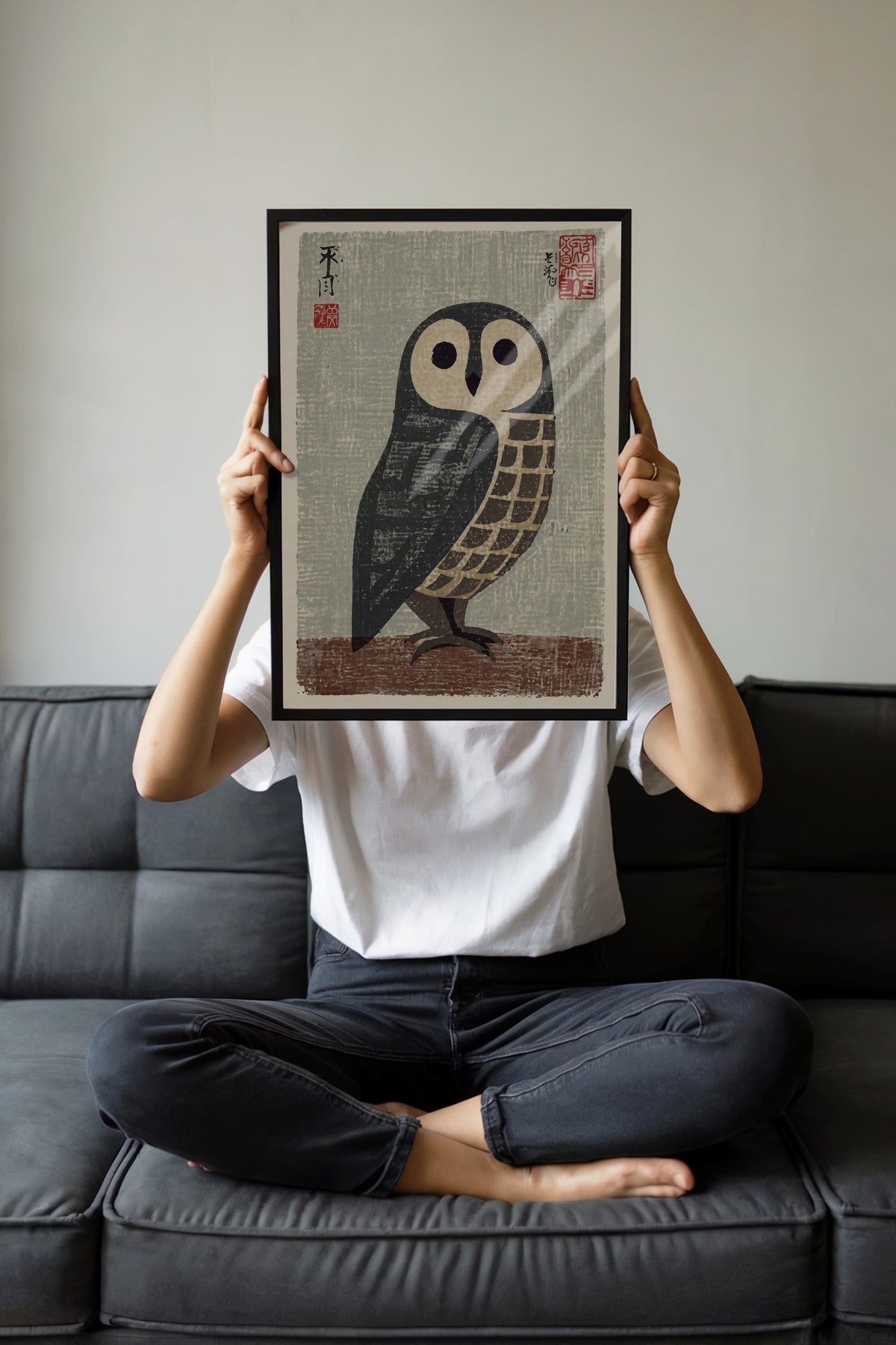 Japon Baskı Baykuş Poster – Siyah Çerçeveli Tablo