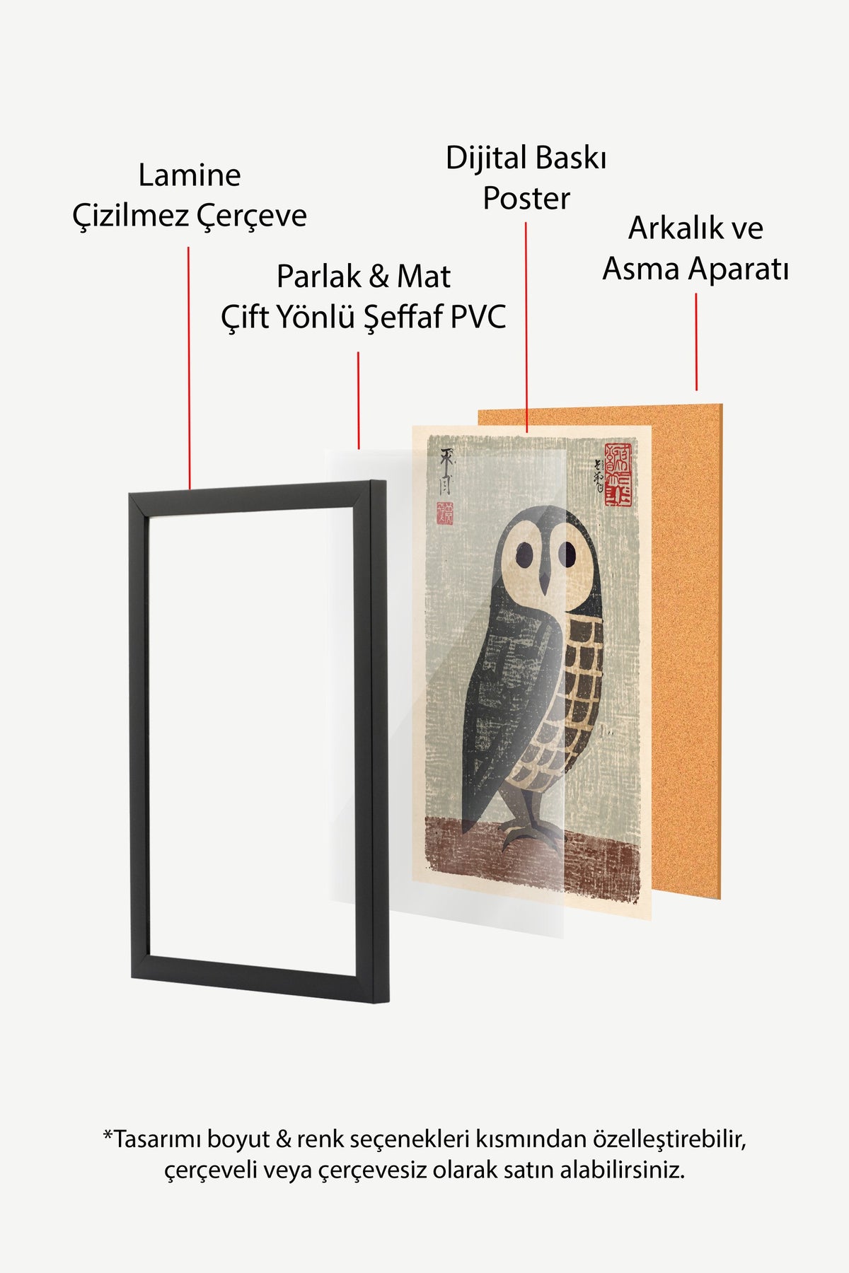 Japon Baskı Baykuş Poster – Siyah Çerçeveli Tablo