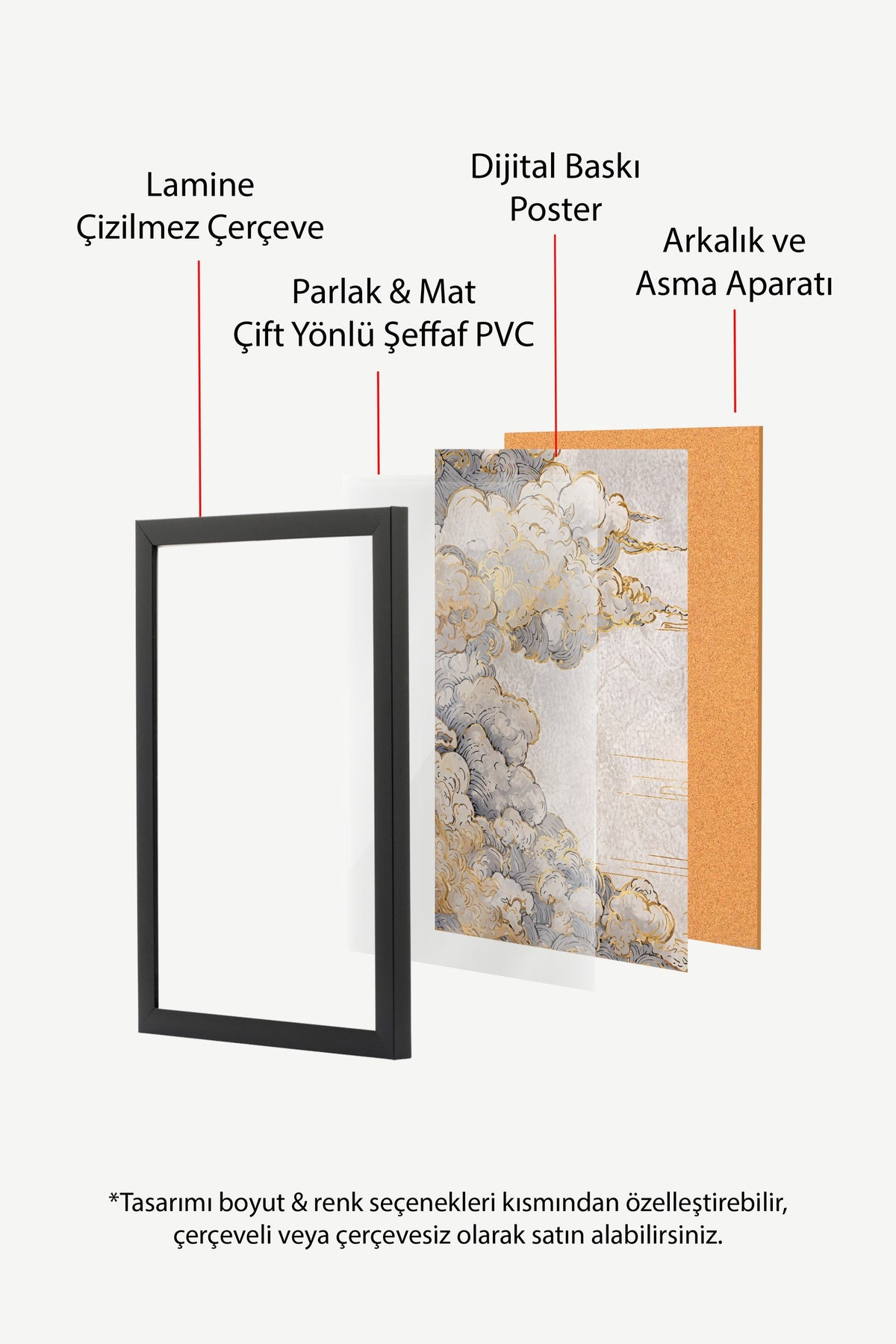 Altın Detaylı Bulut Dalgaları Poster – Siyah Çerçeveli Tablo