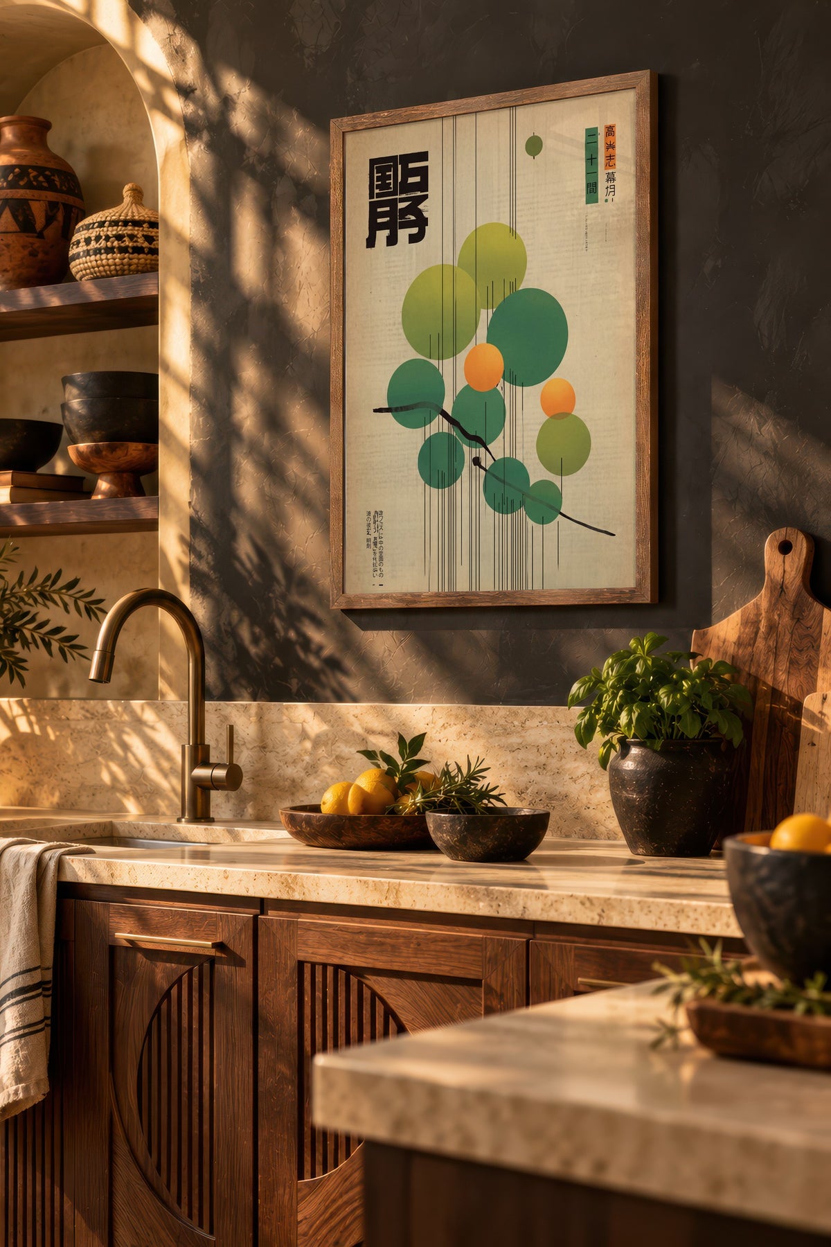 Geometrik Dairelerle Doğu Kaligrafisi Poster – Kahverengi Çerçeveli Tablo