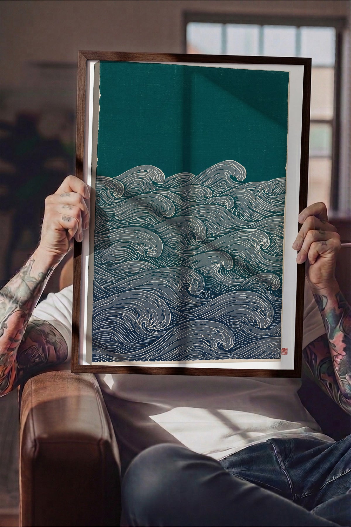 Fırtınalı Deniz Dalgaları Poster – Kahverengi Çerçeveli Tablo
