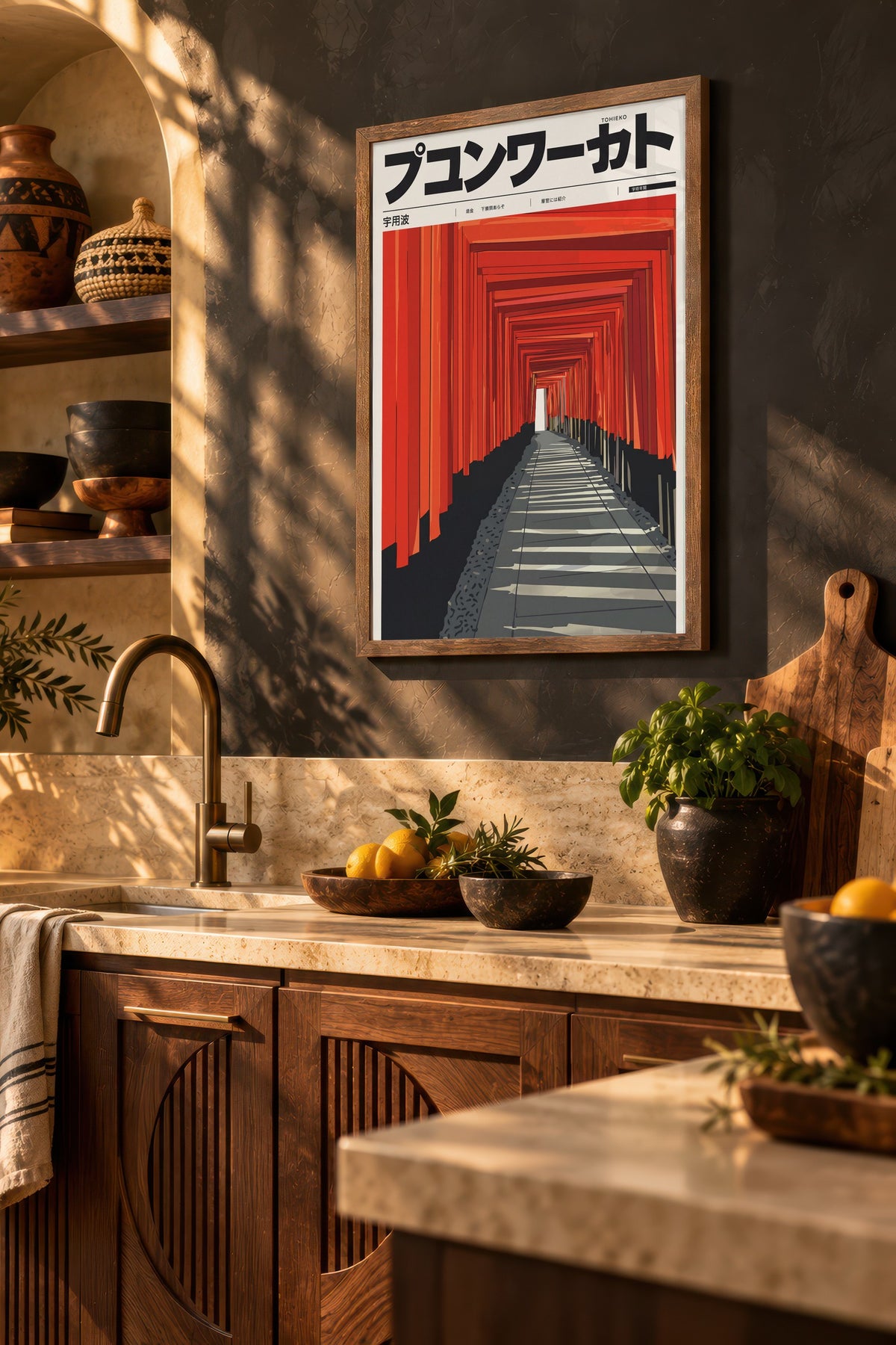 Kızıl Torii Kapıları Koridoru Poster – Kahverengi Çerçeveli Tablo