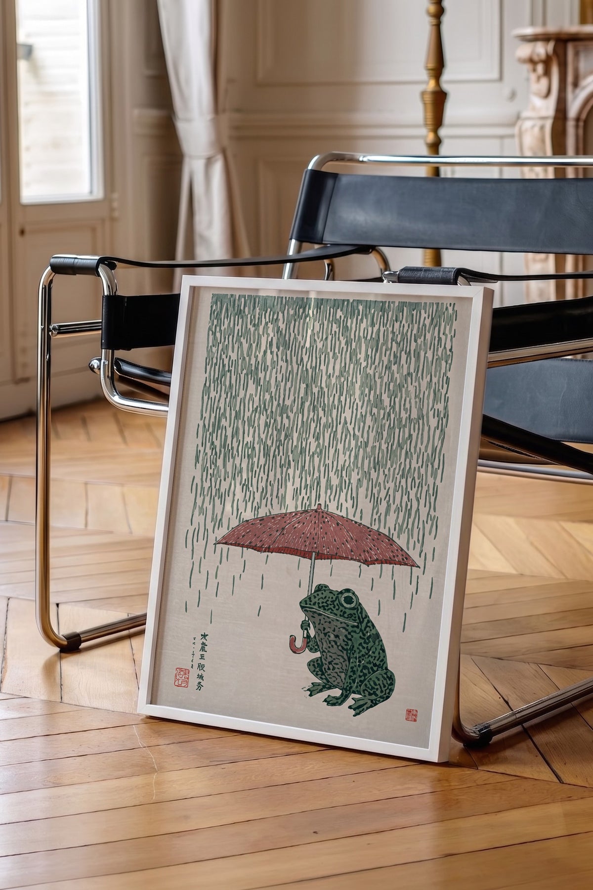 Yağmurda Şemsiyeli Kurbağa Poster – Beyaz Çerçeveli Tablo