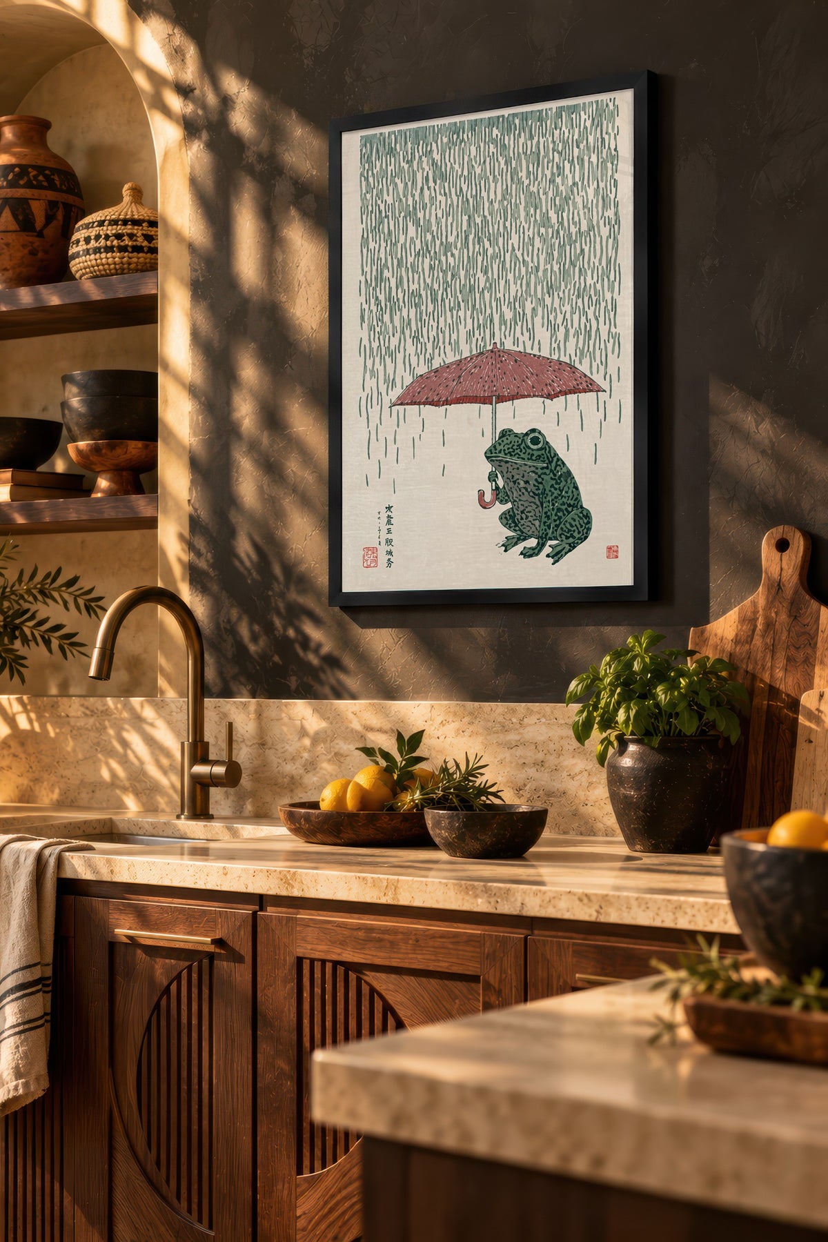 Yağmurda Şemsiyeli Kurbağa Poster – Siyah Çerçeveli Tablo