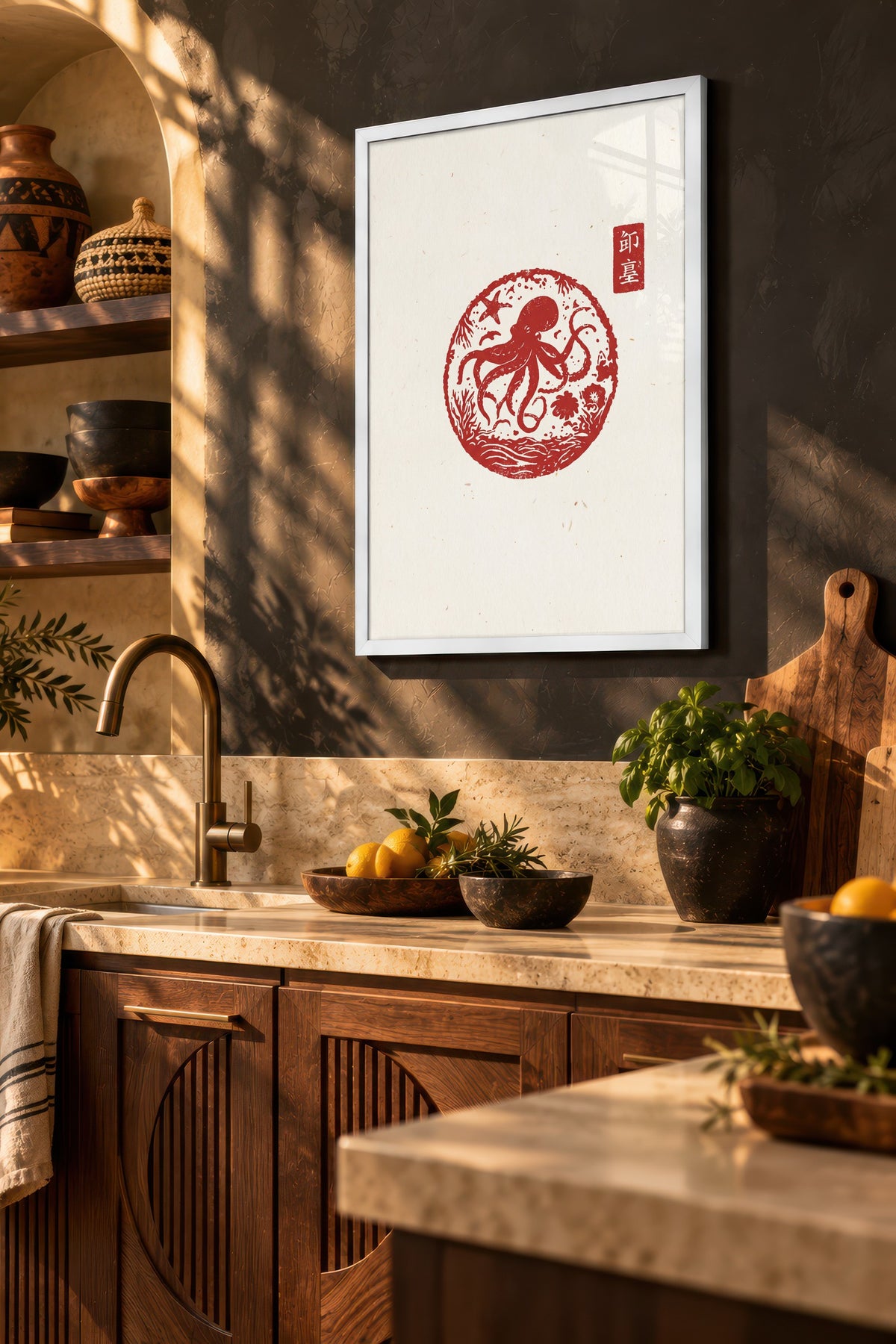 Ahtapot Mühür Baskısı Poster – Beyaz Çerçeveli Tablo