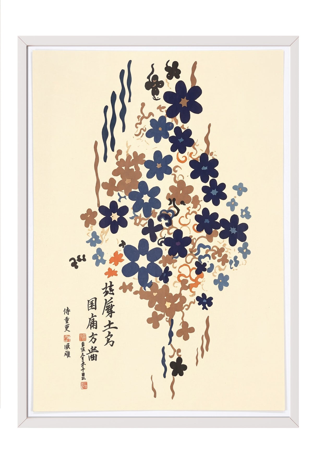 Lacivert Çiçek Deseni ve Japon Kaligrafisi Poster – Beyaz Çerçeveli Tablo
