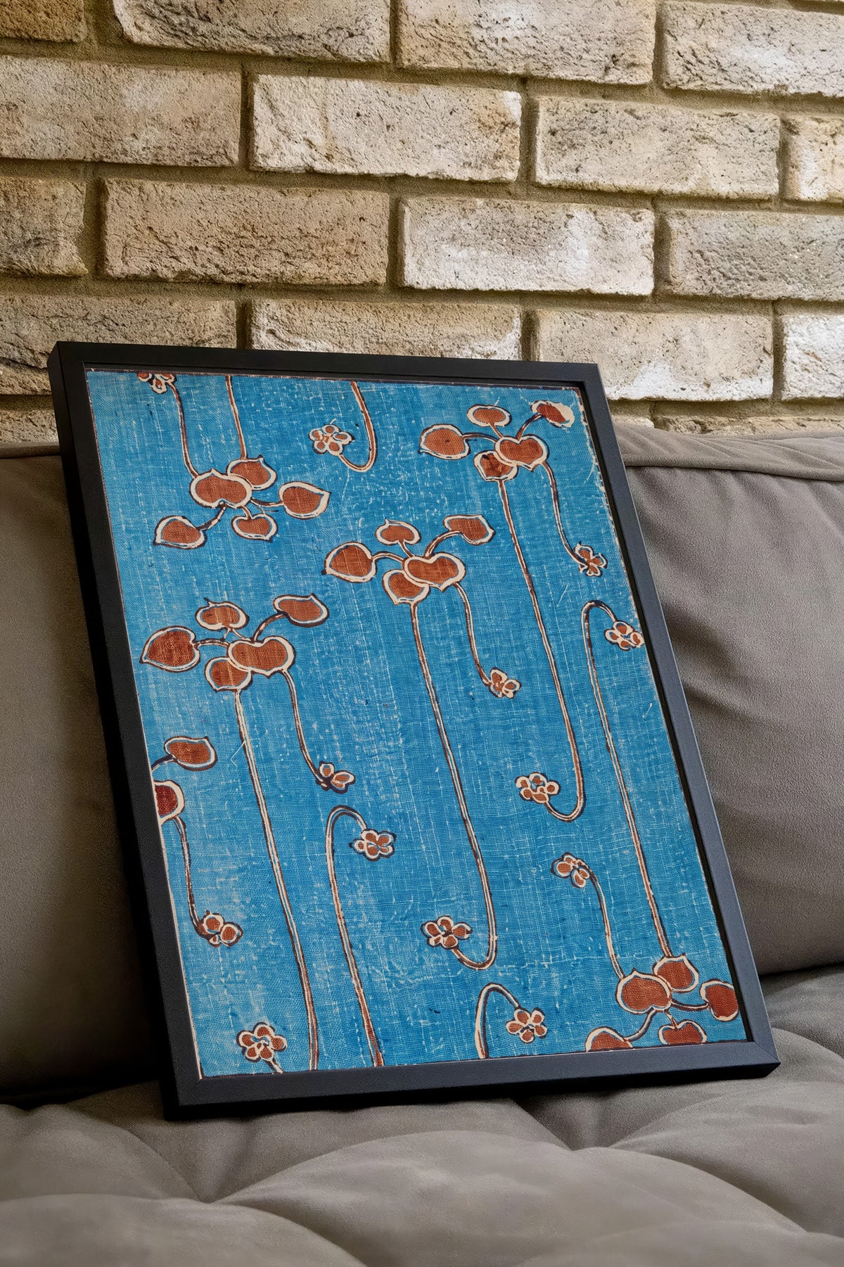 Mavi Zeminde Dallanan Yapraklar Poster – Siyah Çerçeveli Tablo