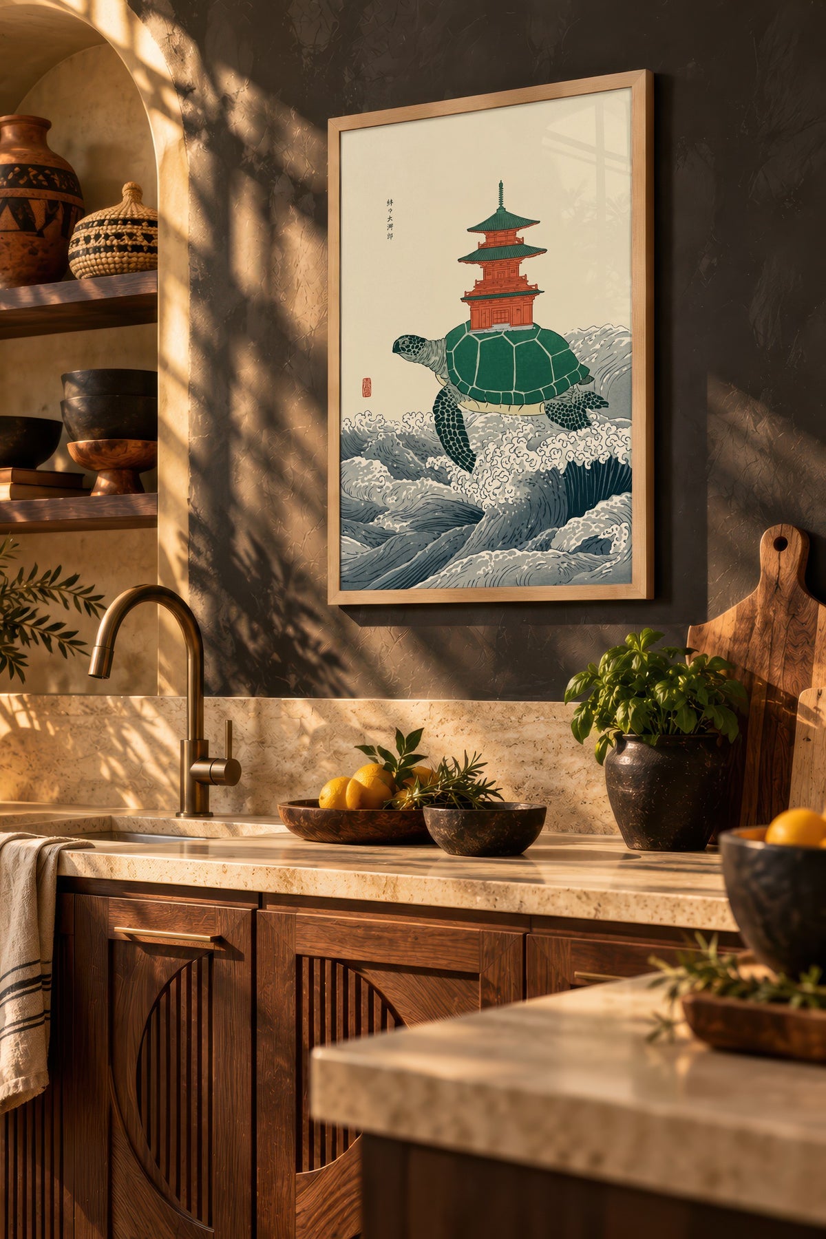 Pagoda Taşıyan Kaplumbağa Poster – Ahşap Çerçeveli Tablo