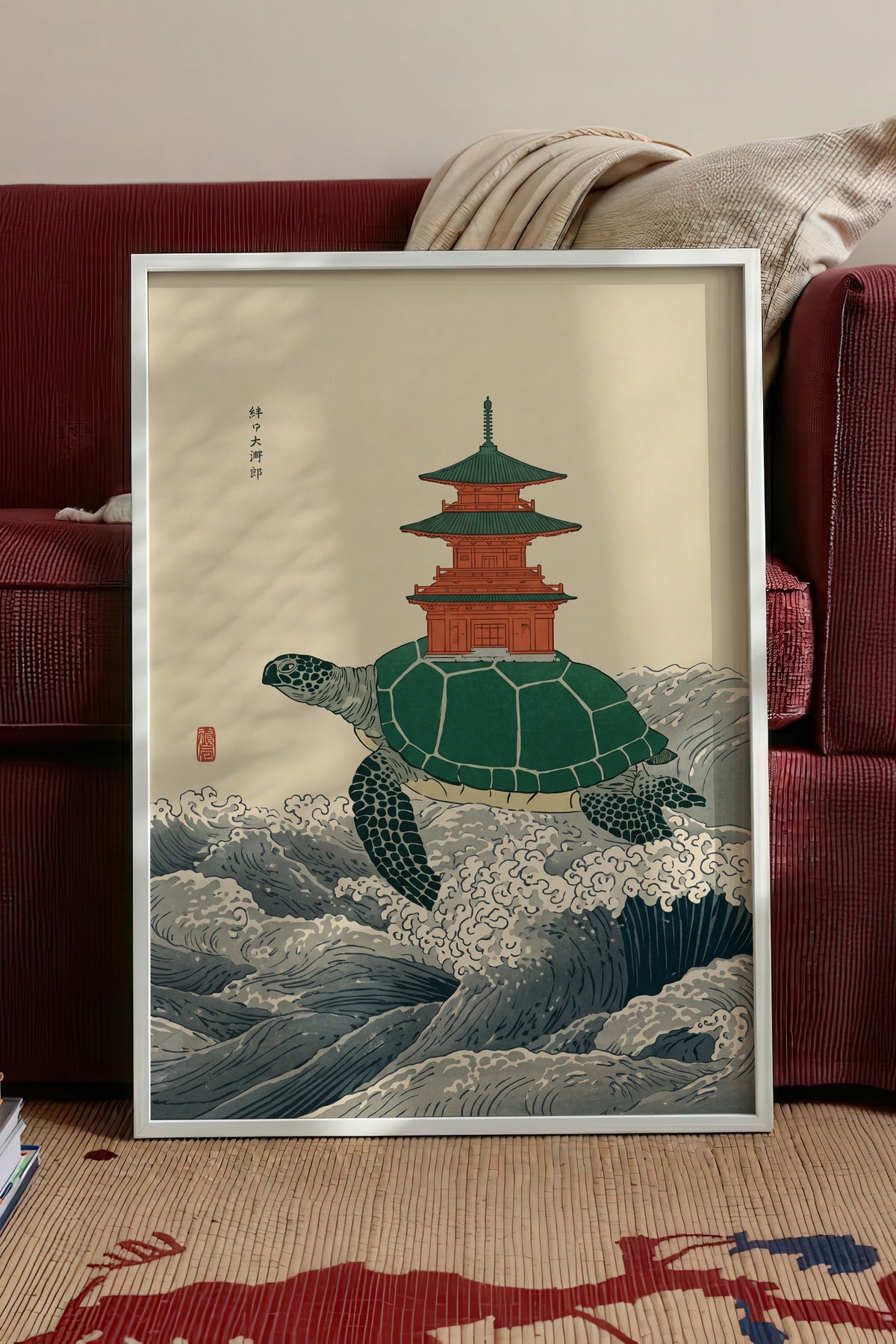 Pagoda Taşıyan Kaplumbağa Poster – Beyaz Çerçeveli Tablo