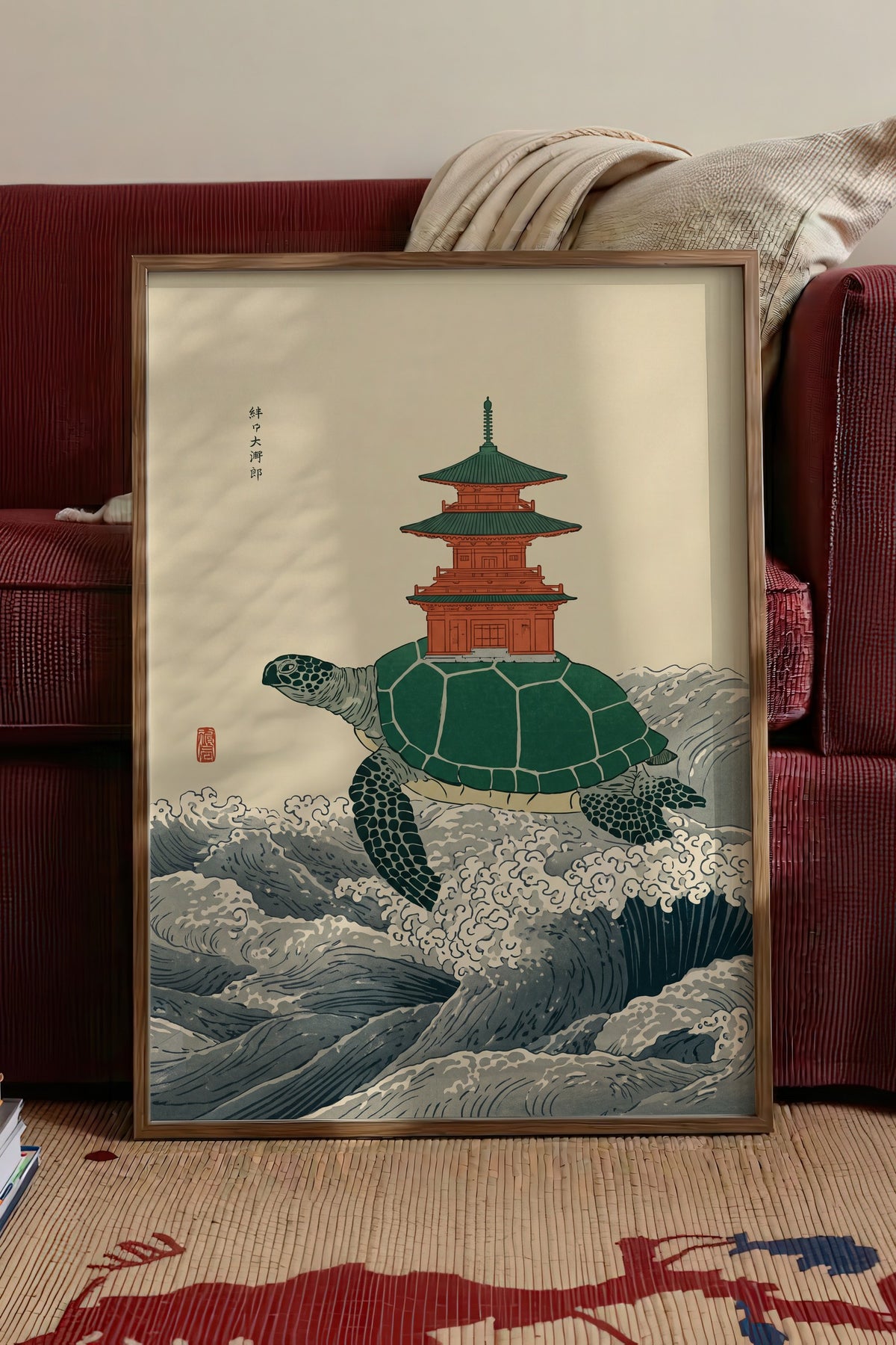 Pagoda Taşıyan Kaplumbağa Poster – Kahverengi Çerçeveli Tablo