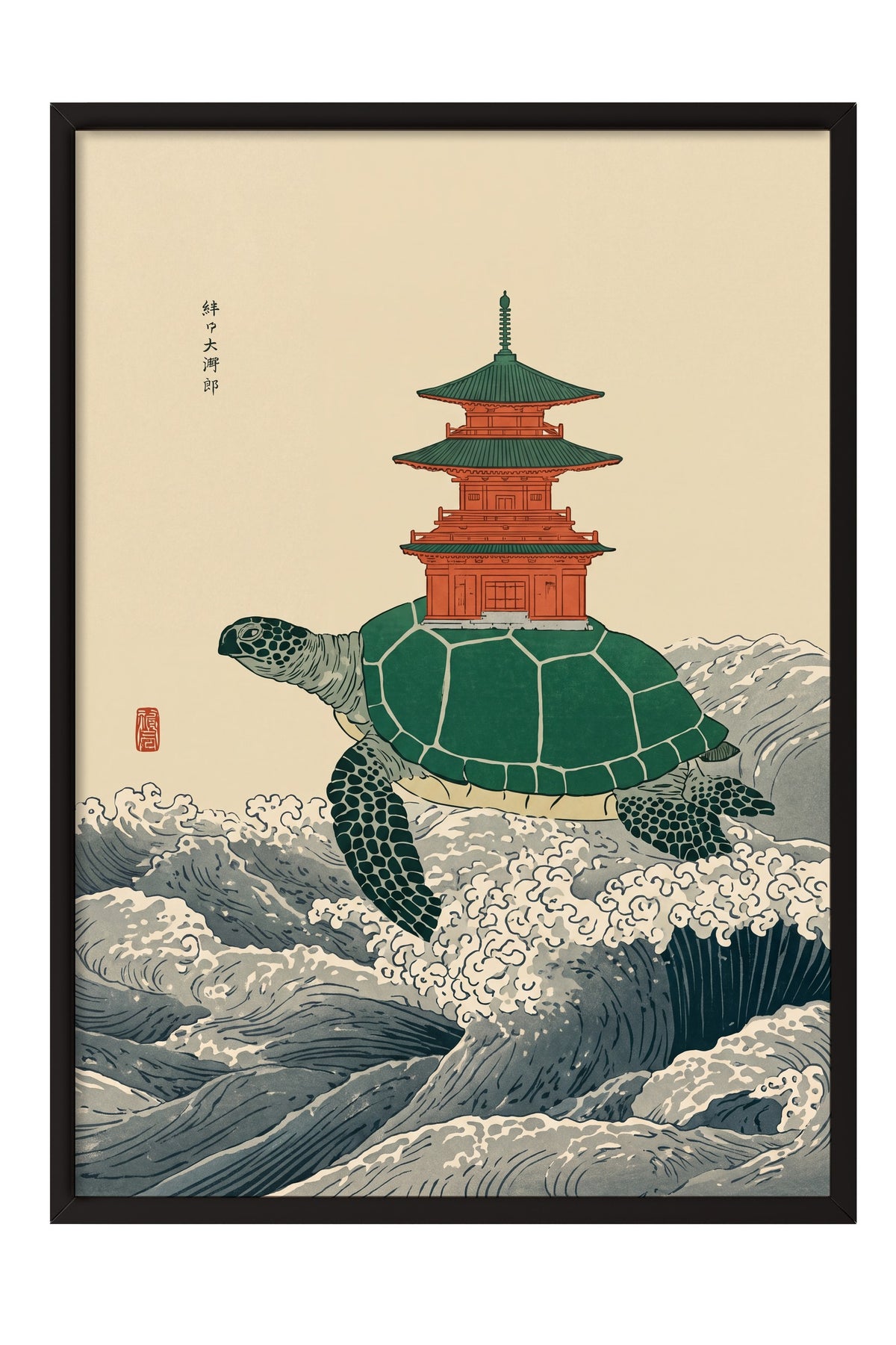 Pagoda Taşıyan Kaplumbağa Poster – Siyah Çerçeveli Tablo