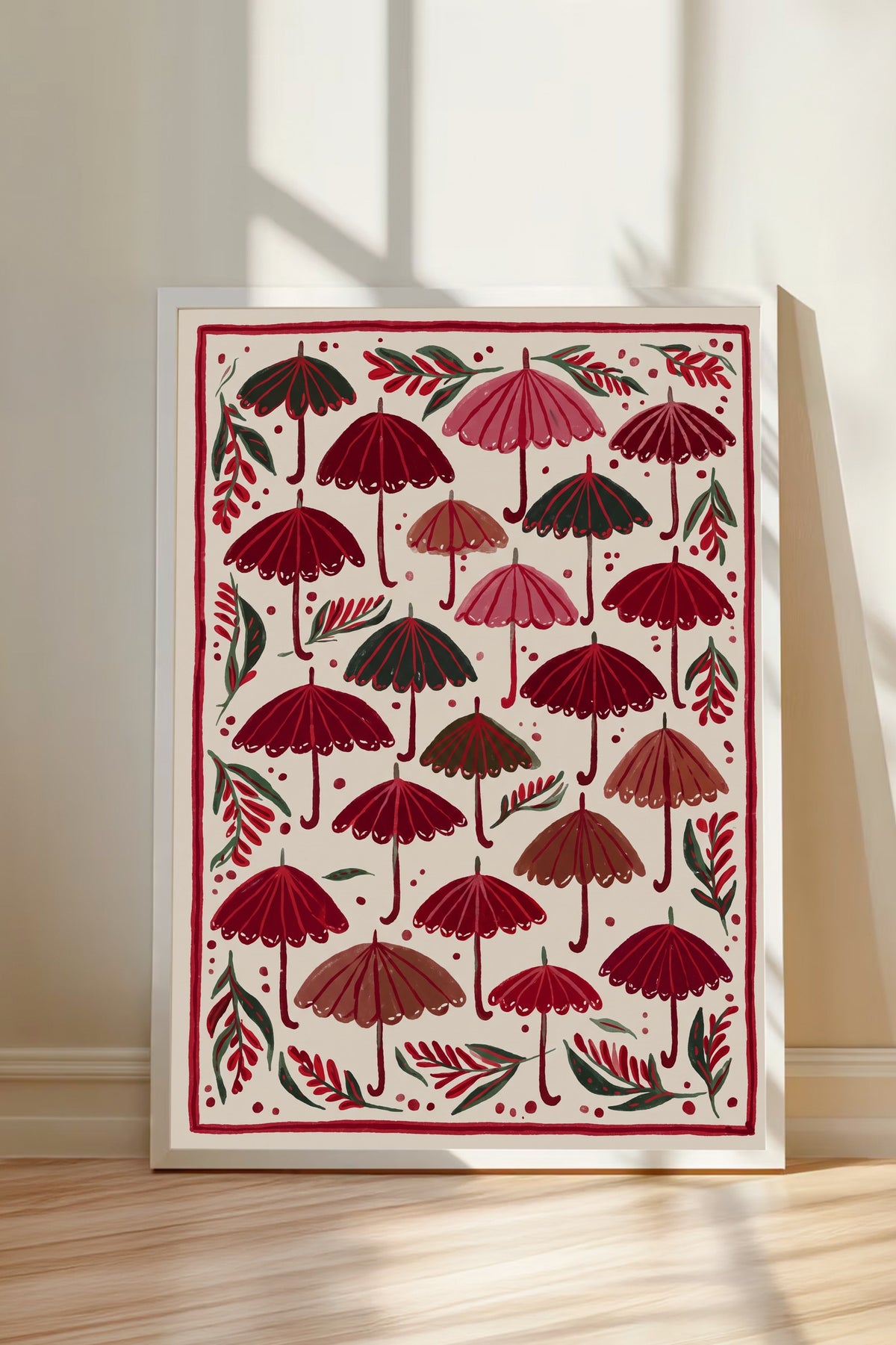 Kırmızı Şemsiyeler Deseni Poster – Beyaz Çerçeveli Tablo