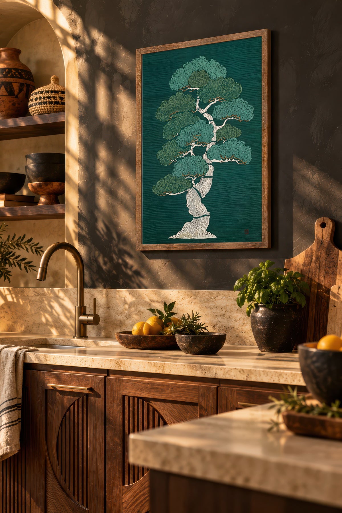 Zümrüt Zeminde Çam Ağacı Poster – Kahverengi Çerçeveli Tablo