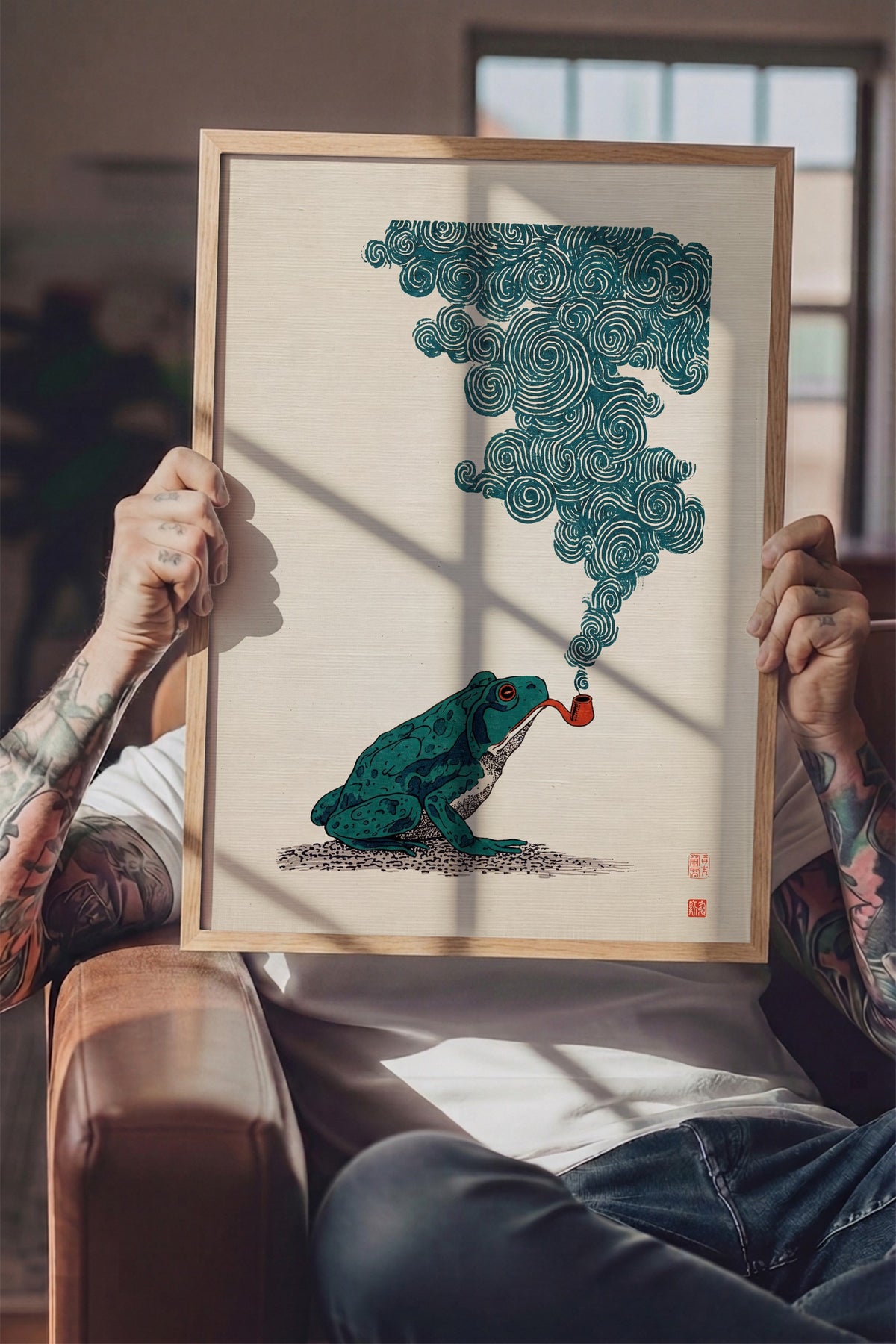 Pipo İçen Kurbağa Poster – Ahşap Çerçeveli Tablo
