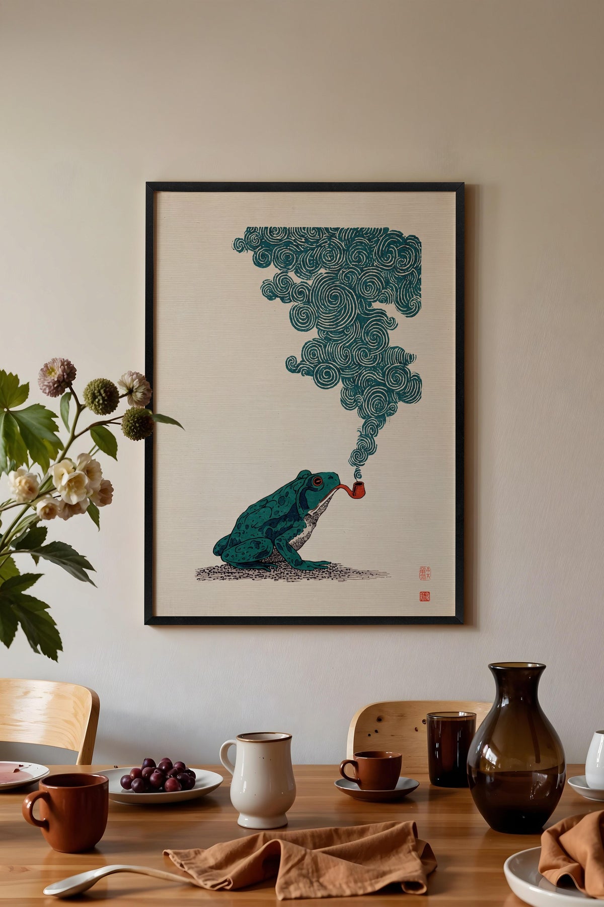 Pipo İçen Kurbağa Poster – Siyah Çerçeveli Tablo