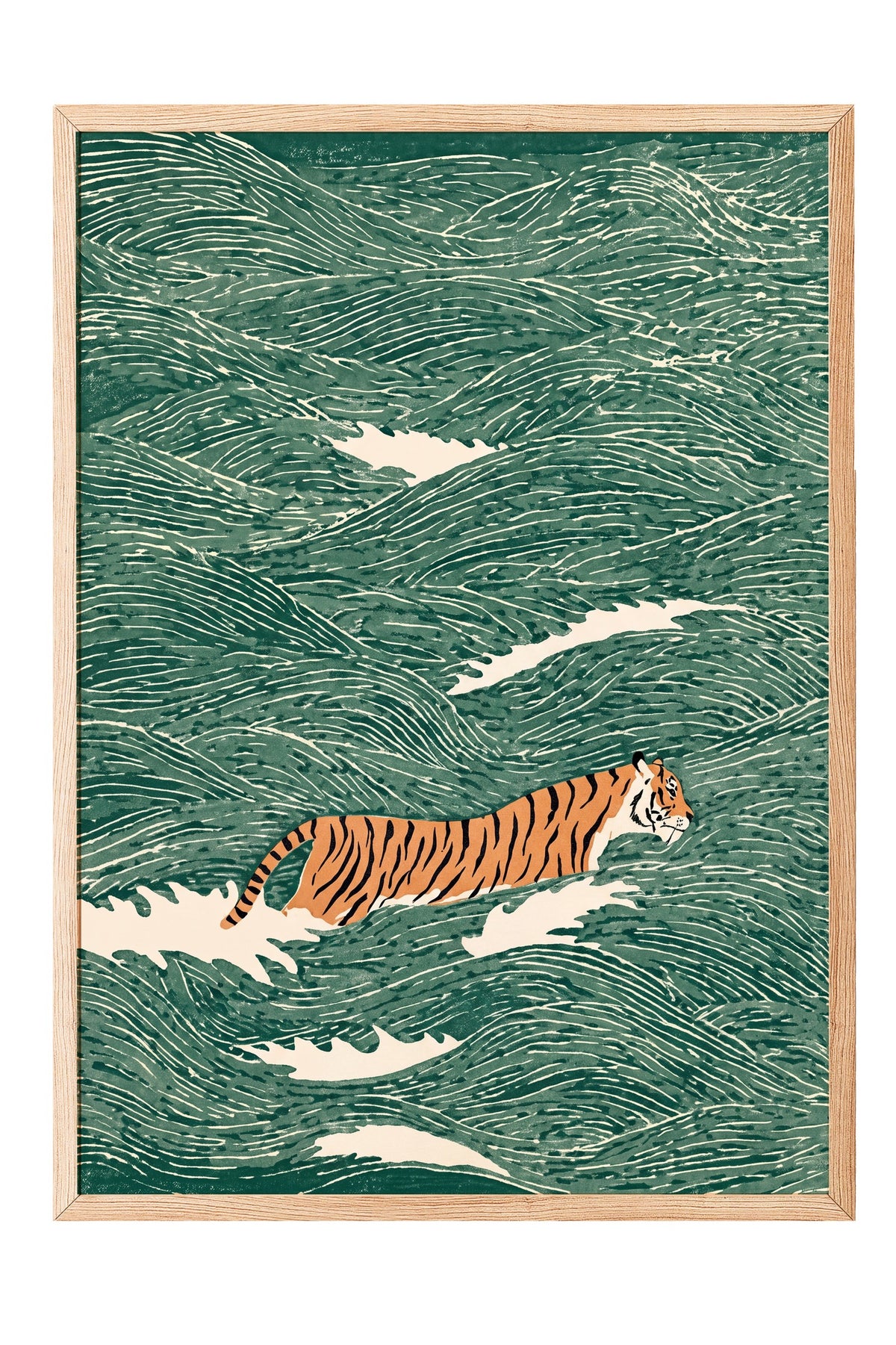 Dalgalarda Kaplan Poster – Ahşap Çerçeveli Tablo