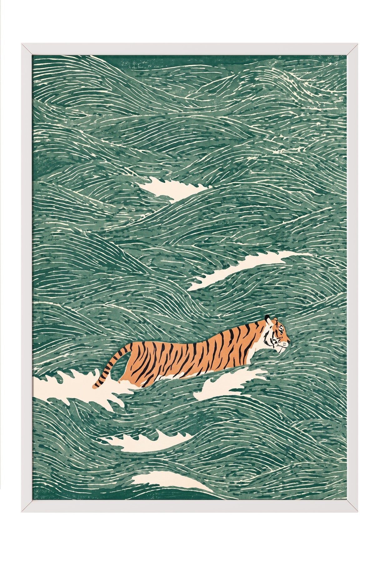Dalgalarda Kaplan Poster – Beyaz Çerçeveli Tablo