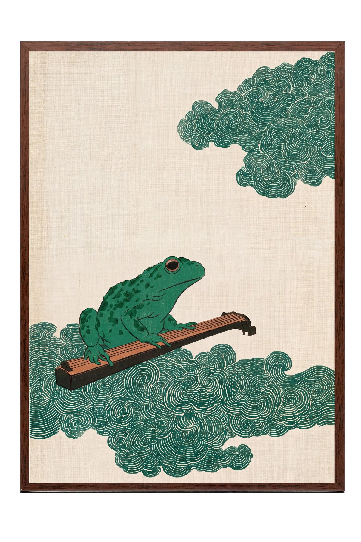 Guzheng Çalan Kurbağa Poster – Kahverengi Çerçeveli Tablo