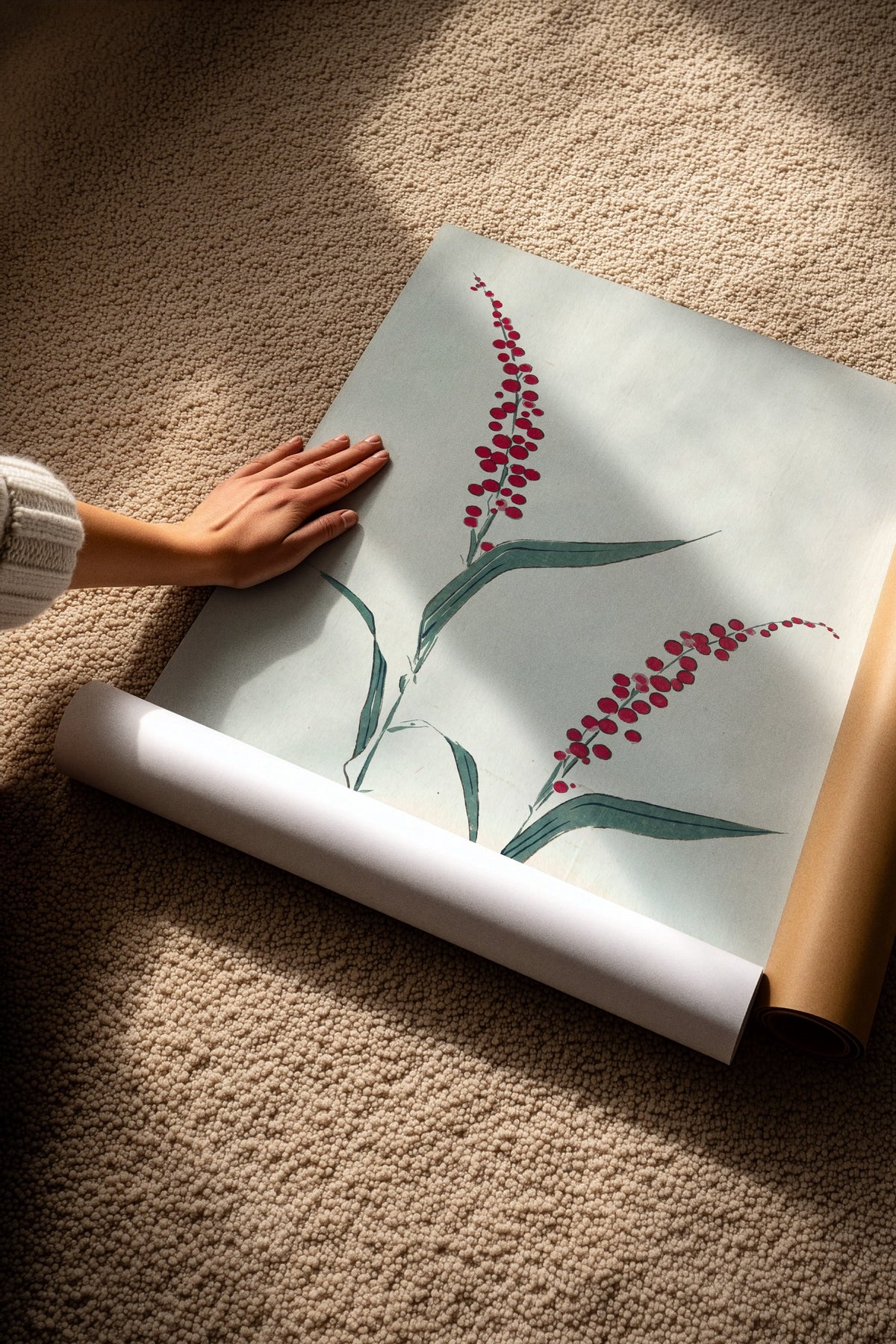 Kırmızı Çiçekli Dal Minimal Sanatı Çerçevesiz Poster
