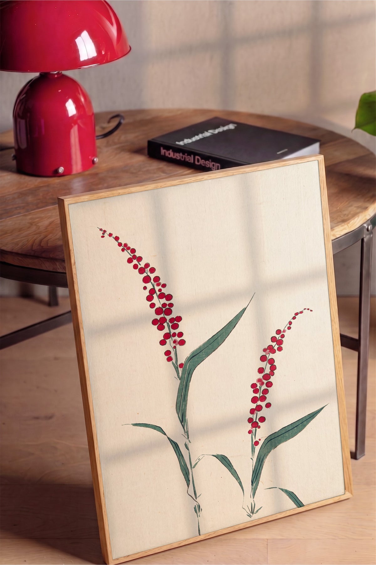 Kırmızı Çiçekli Dal Minimal Sanatı Poster – Ahşap Çerçeveli Tablo
