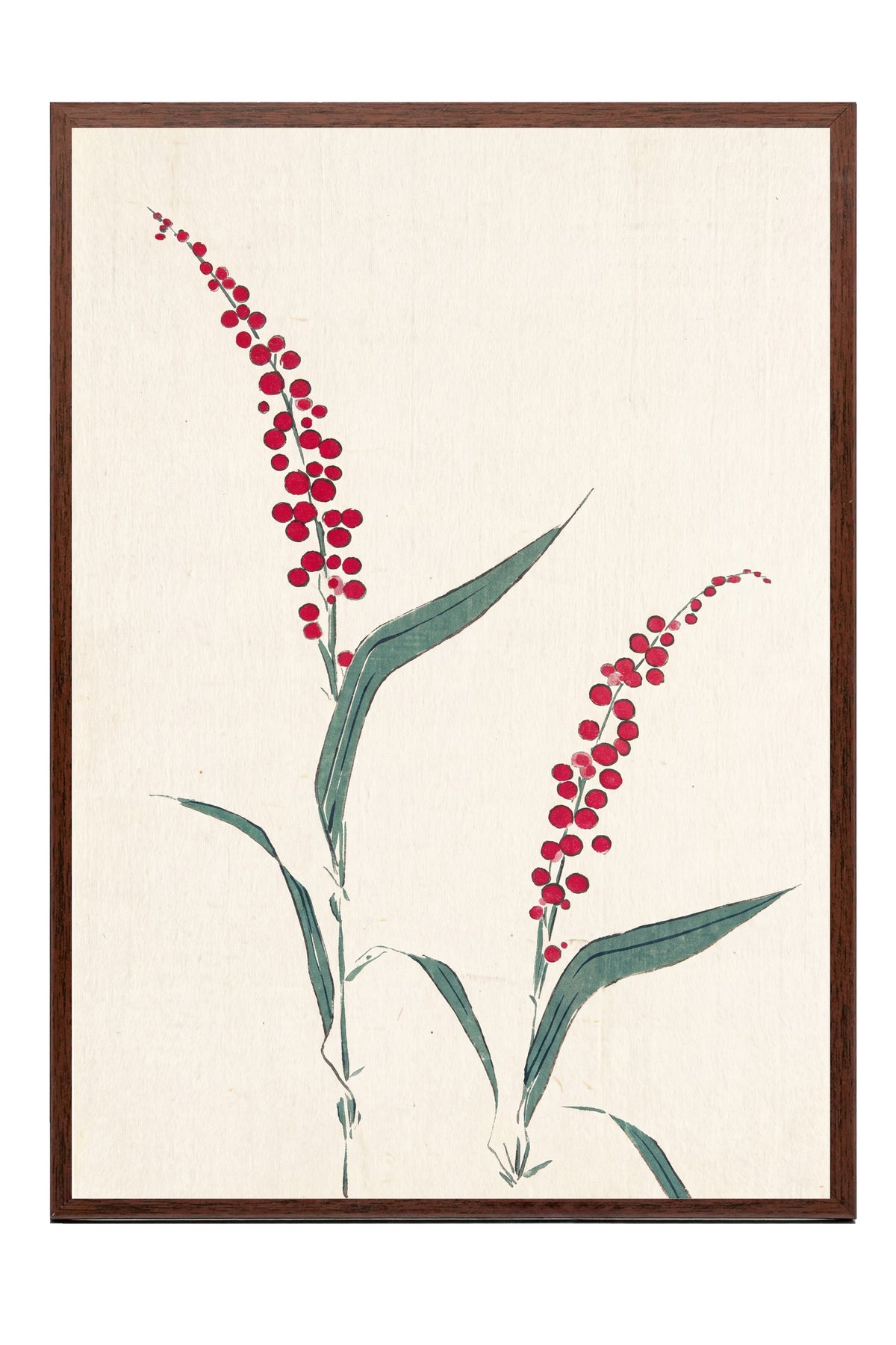 Kırmızı Çiçekli Dal Minimal Sanatı Poster – Kahverengi Çerçeveli Tablo