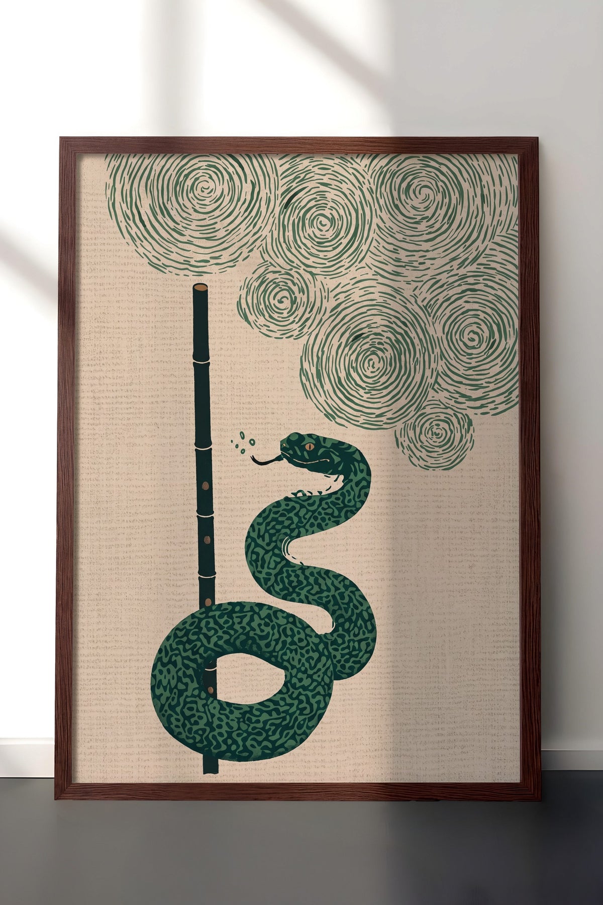 Bambu Flüt ve Yılan Poster – Kahverengi Çerçeveli Tablo
