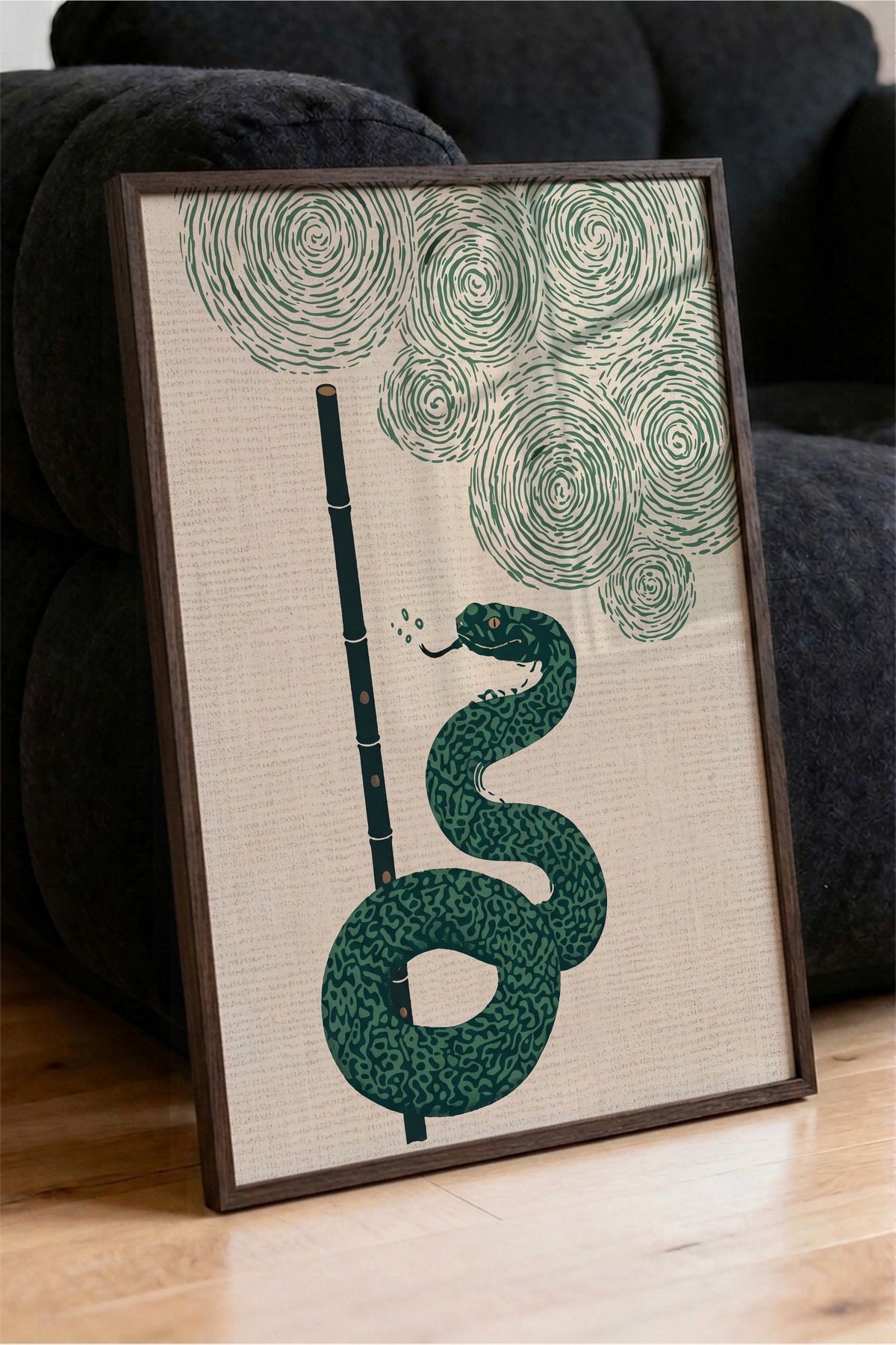 Bambu Flüt ve Yılan Poster – Kahverengi Çerçeveli Tablo