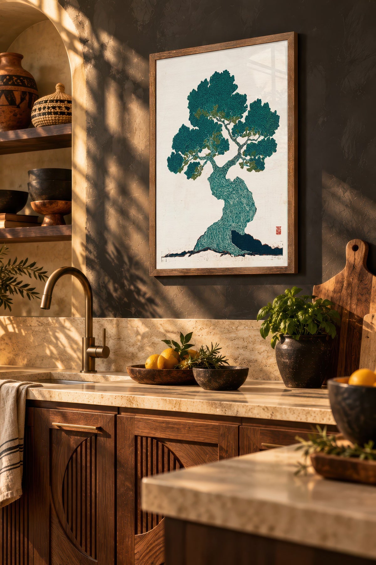 Bonsai Ağacı Baskısı Poster – Kahverengi Çerçeveli Tablo