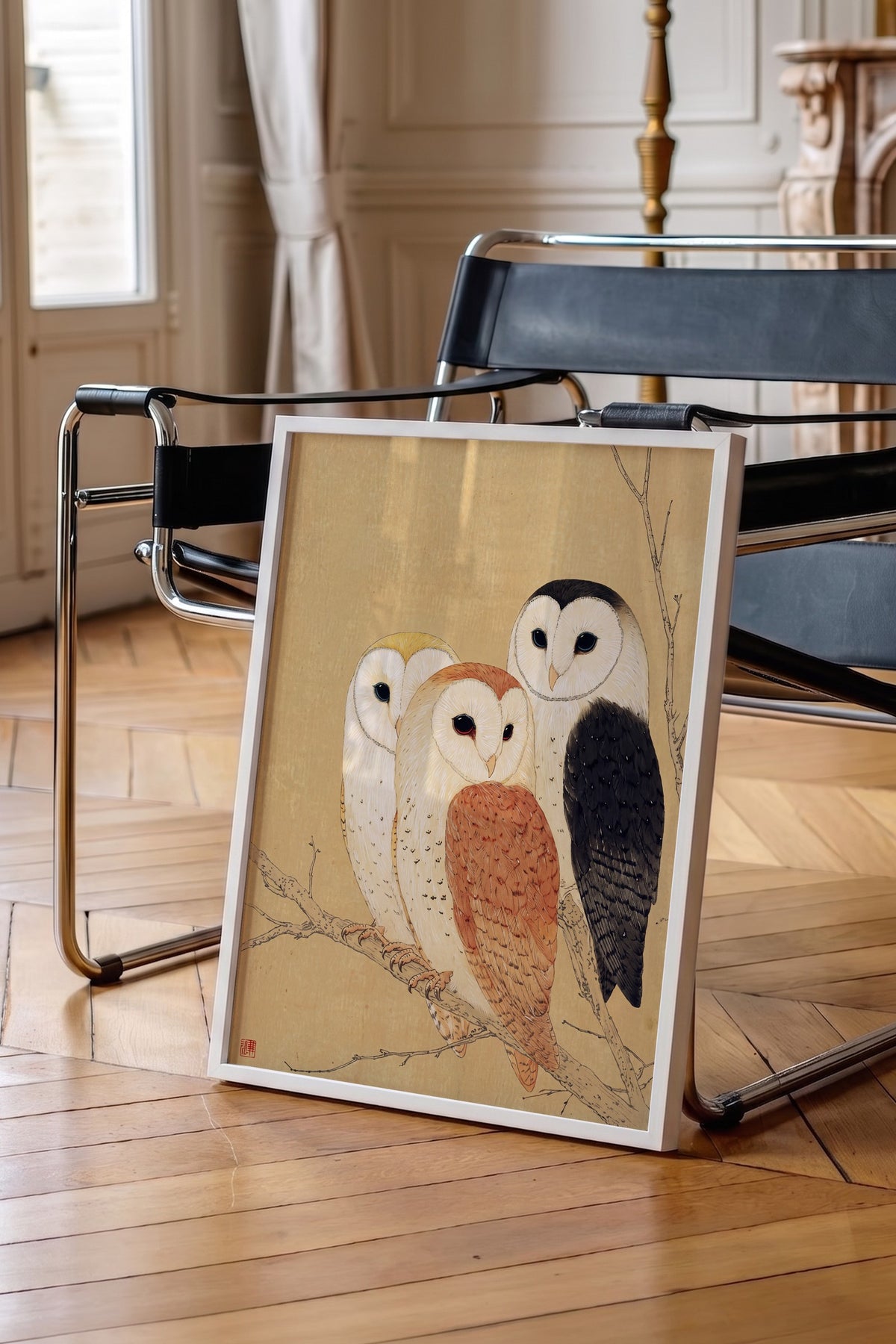 Dalda Üç Peçeli Baykuş Poster – Beyaz Çerçeveli Tablo