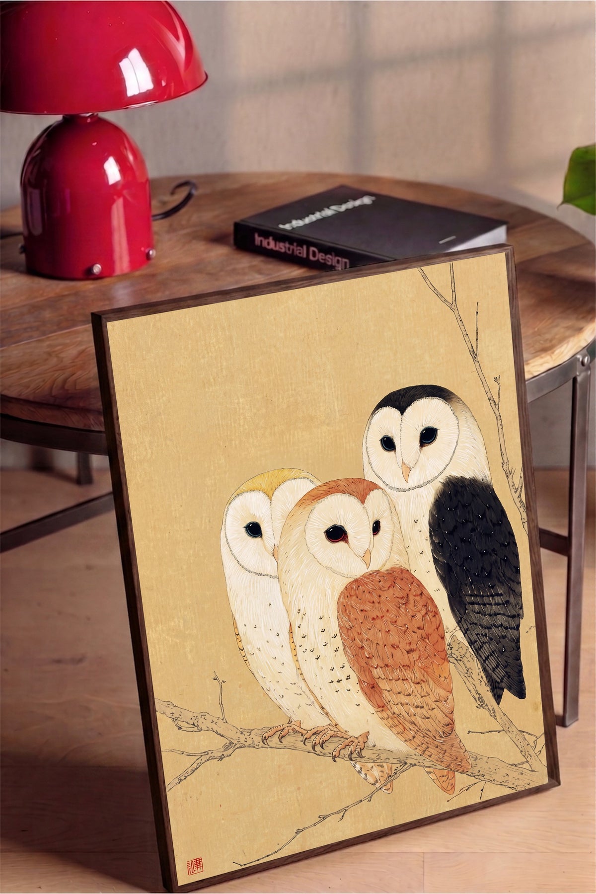 Dalda Üç Peçeli Baykuş Poster – Kahverengi Çerçeveli Tablo