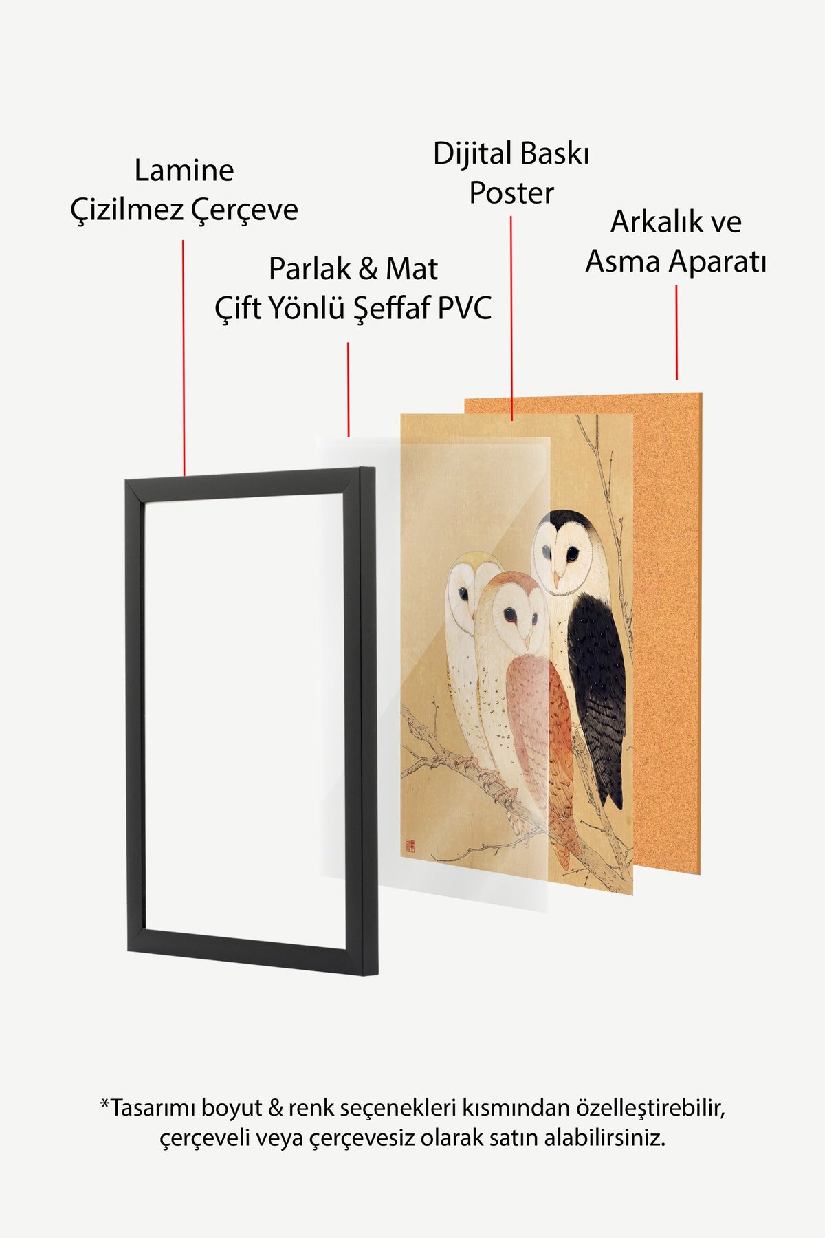 Dalda Üç Peçeli Baykuş Poster – Siyah Çerçeveli Tablo