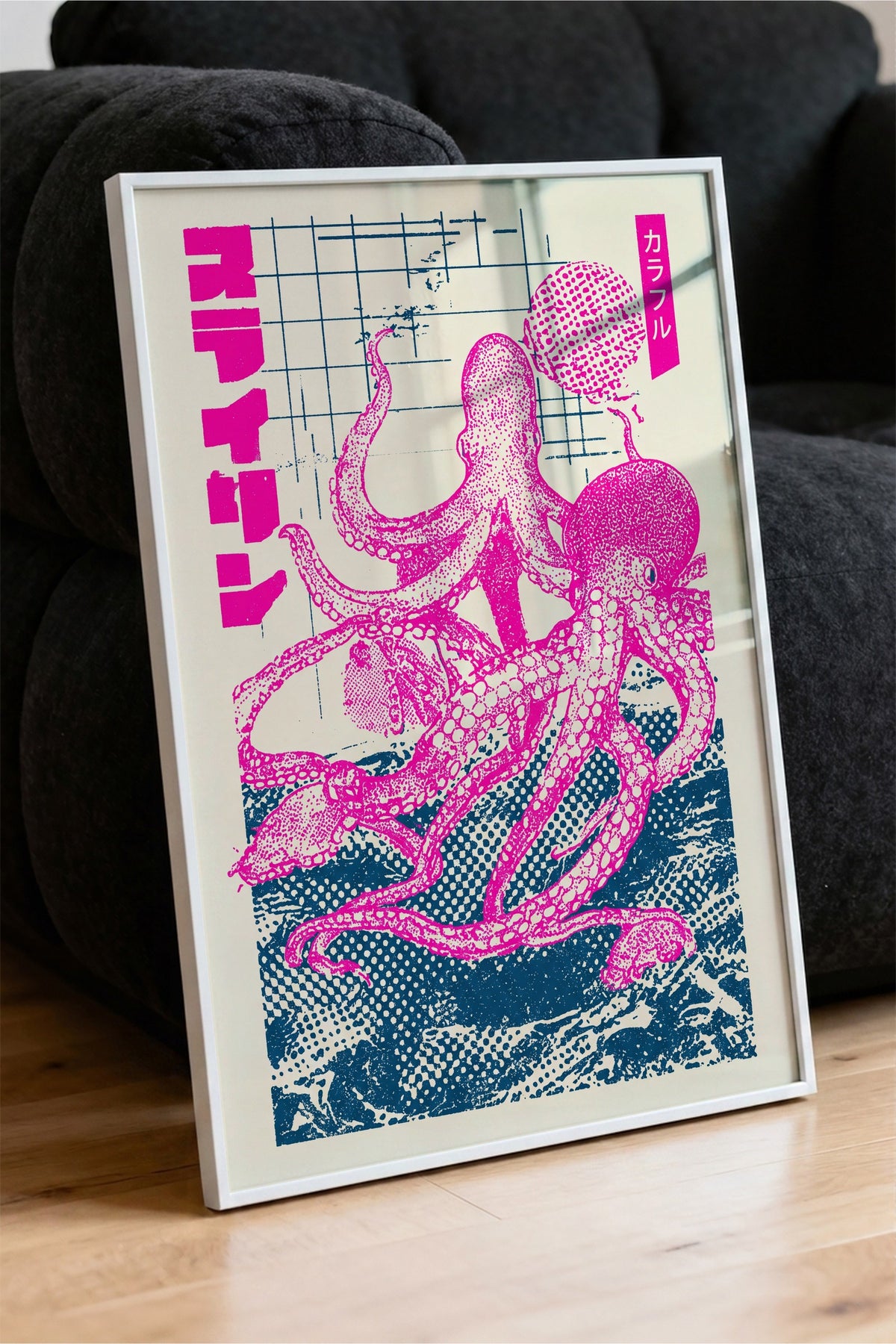 Pembe Ahtapot Baskısı Poster – Beyaz Çerçeveli Tablo