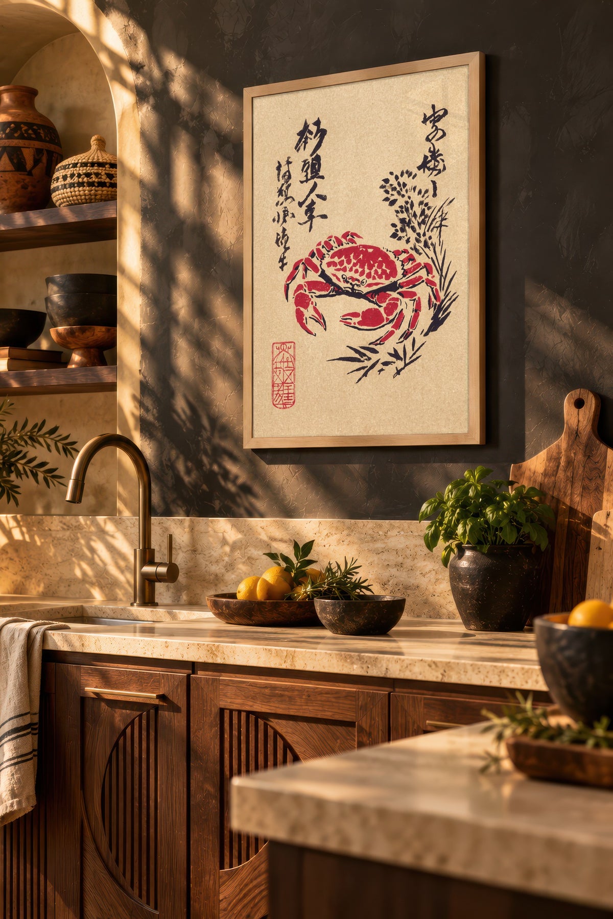 Kırmızı Yengeç ve Japon Kaligrafisi Poster – Ahşap Çerçeveli Tablo