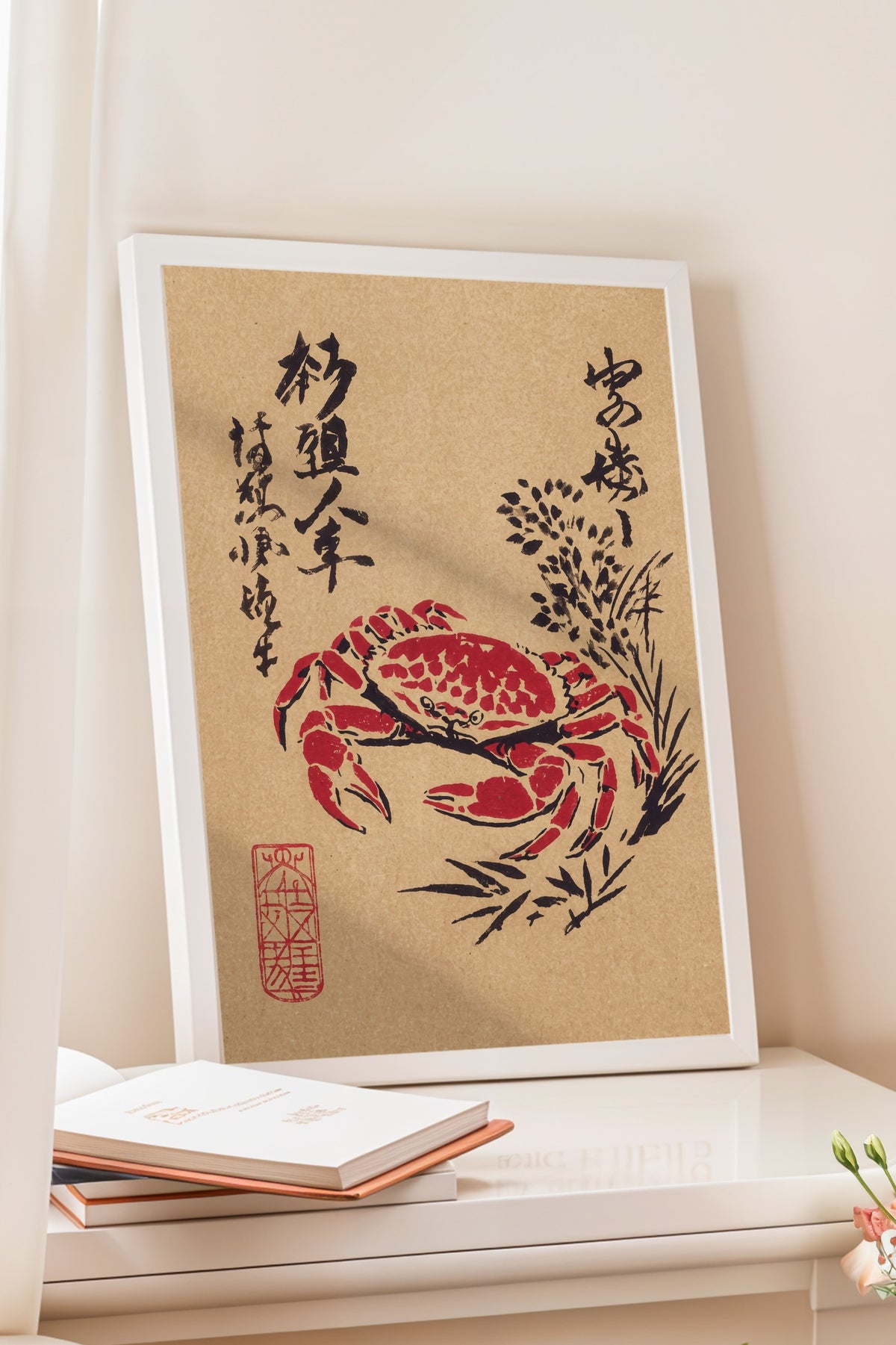Kırmızı Yengeç ve Japon Kaligrafisi Poster – Beyaz Çerçeveli Tablo
