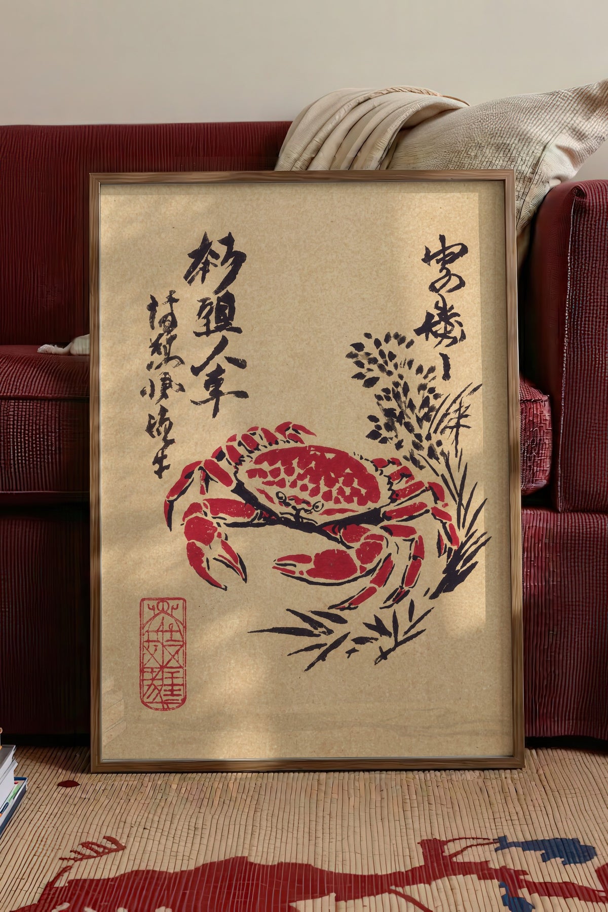 Kırmızı Yengeç ve Japon Kaligrafisi Poster – Kahverengi Çerçeveli Tablo