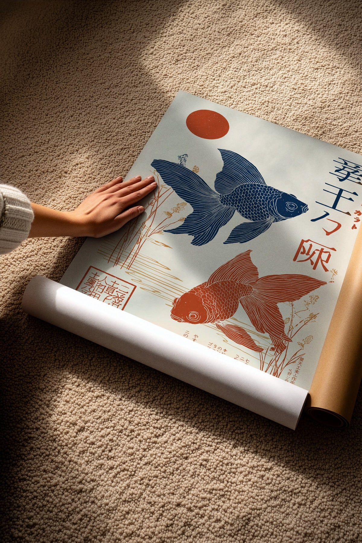 Japon Balıkları ve Kızıl Güneş Çerçevesiz Poster