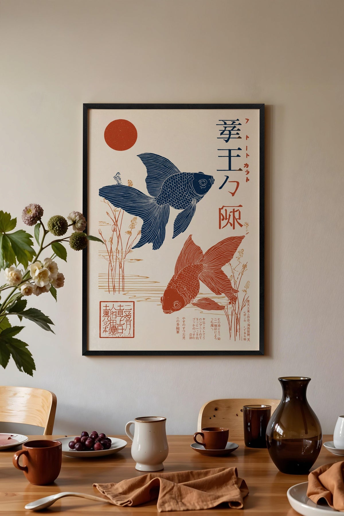 Japon Balıkları ve Kızıl Güneş Poster – Siyah Çerçeveli Tablo