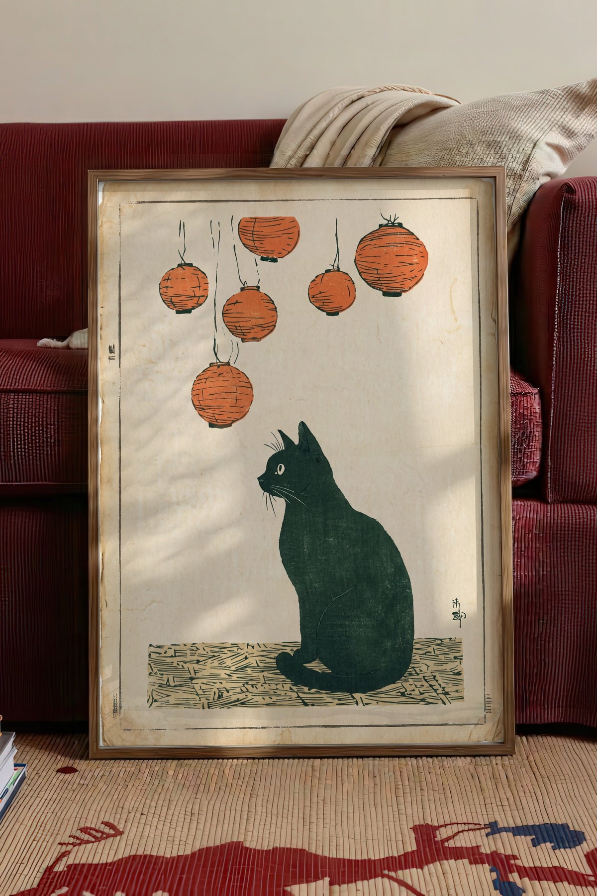 Fenerler Altında Kedi Poster – Kahverengi Çerçeveli Tablo