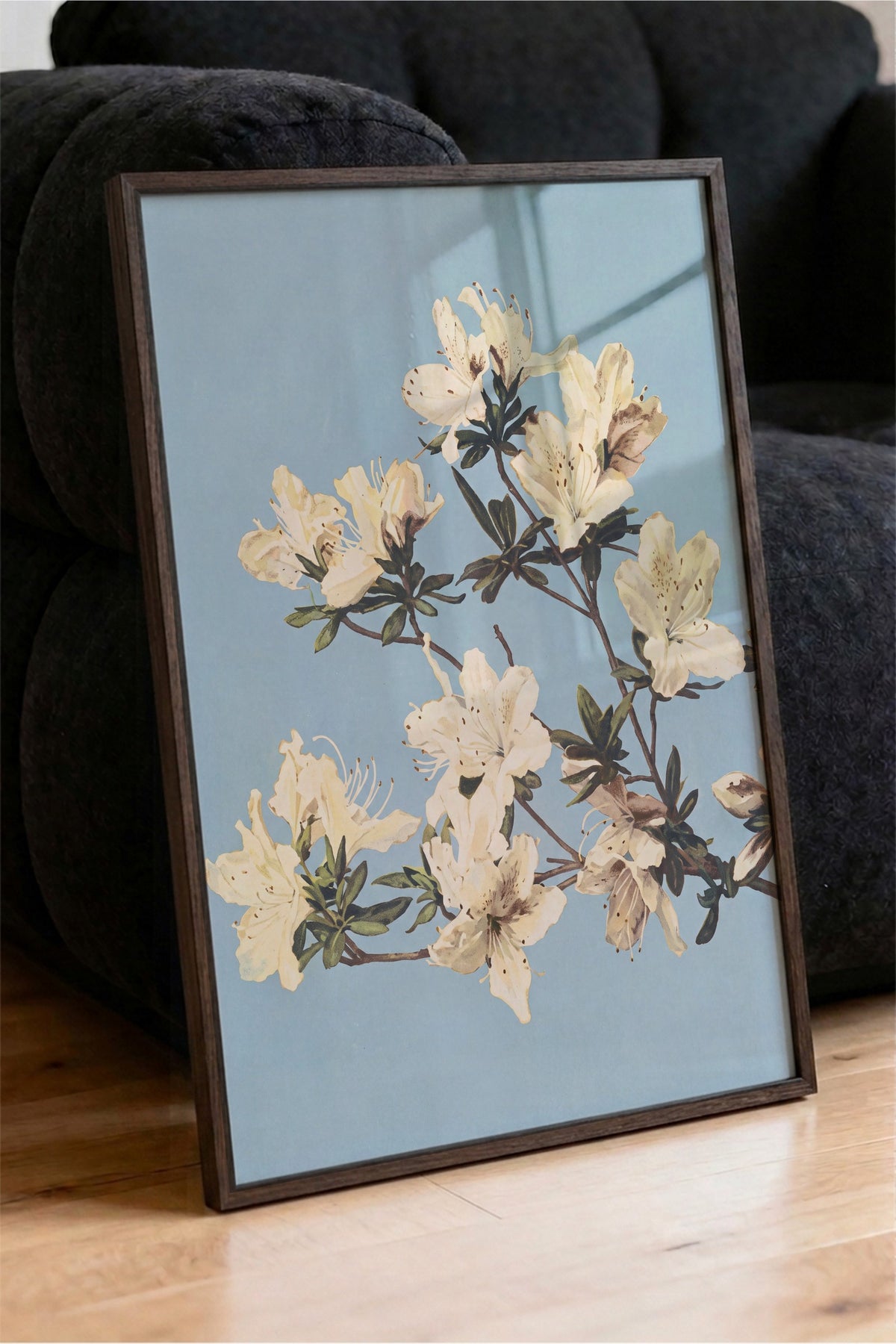 Krem Azalea Dalları Poster – Kahverengi Çerçeveli Tablo