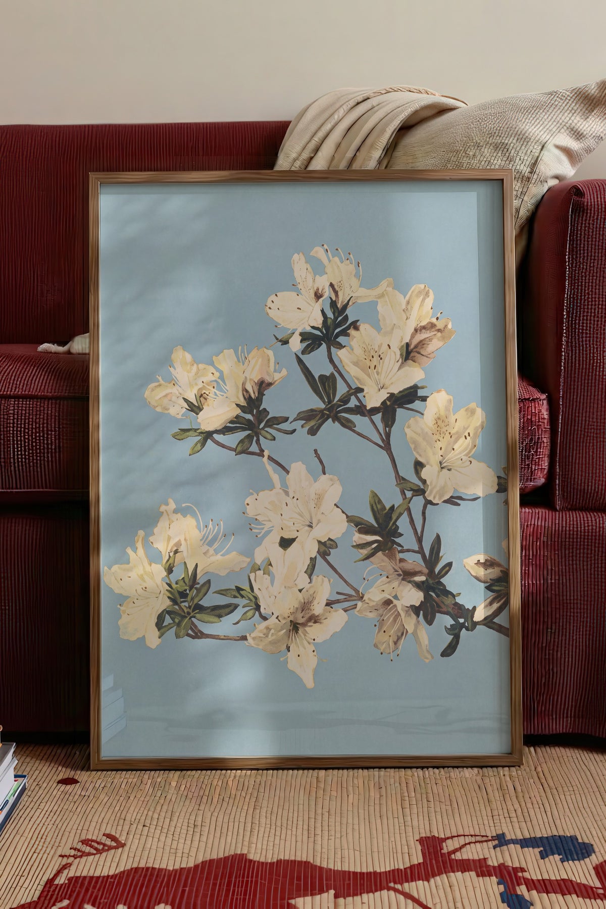 Krem Azalea Dalları Poster – Kahverengi Çerçeveli Tablo