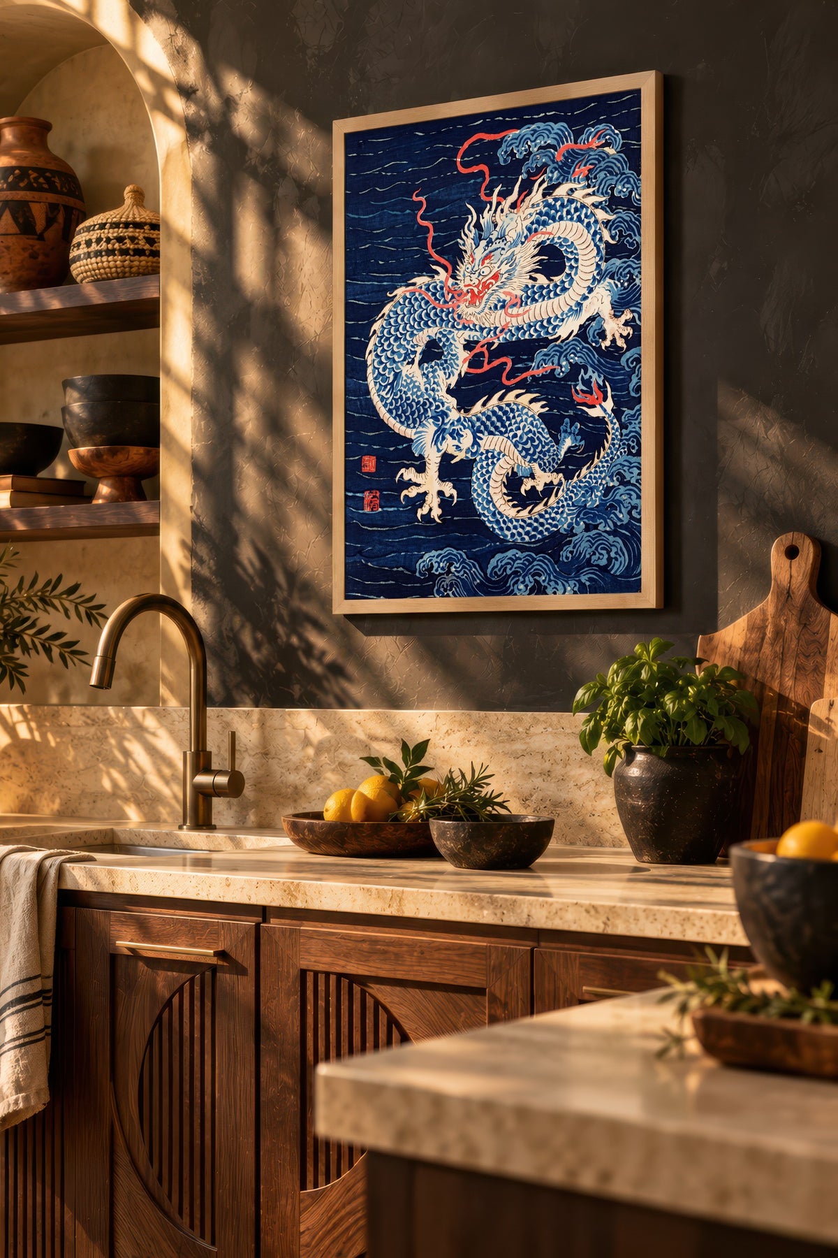 Dalgalarda Ejderha Poster – Ahşap Çerçeveli Tablo