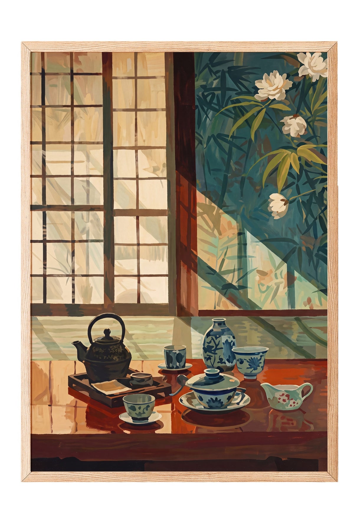 Japon Çay Seti ve Bambu Manzarası Poster – Ahşap Çerçeveli Tablo