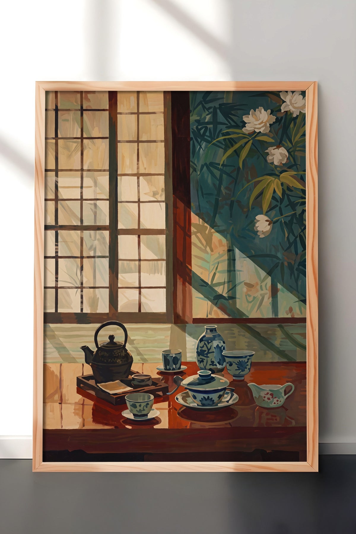 Japon Çay Seti ve Bambu Manzarası Poster – Ahşap Çerçeveli Tablo