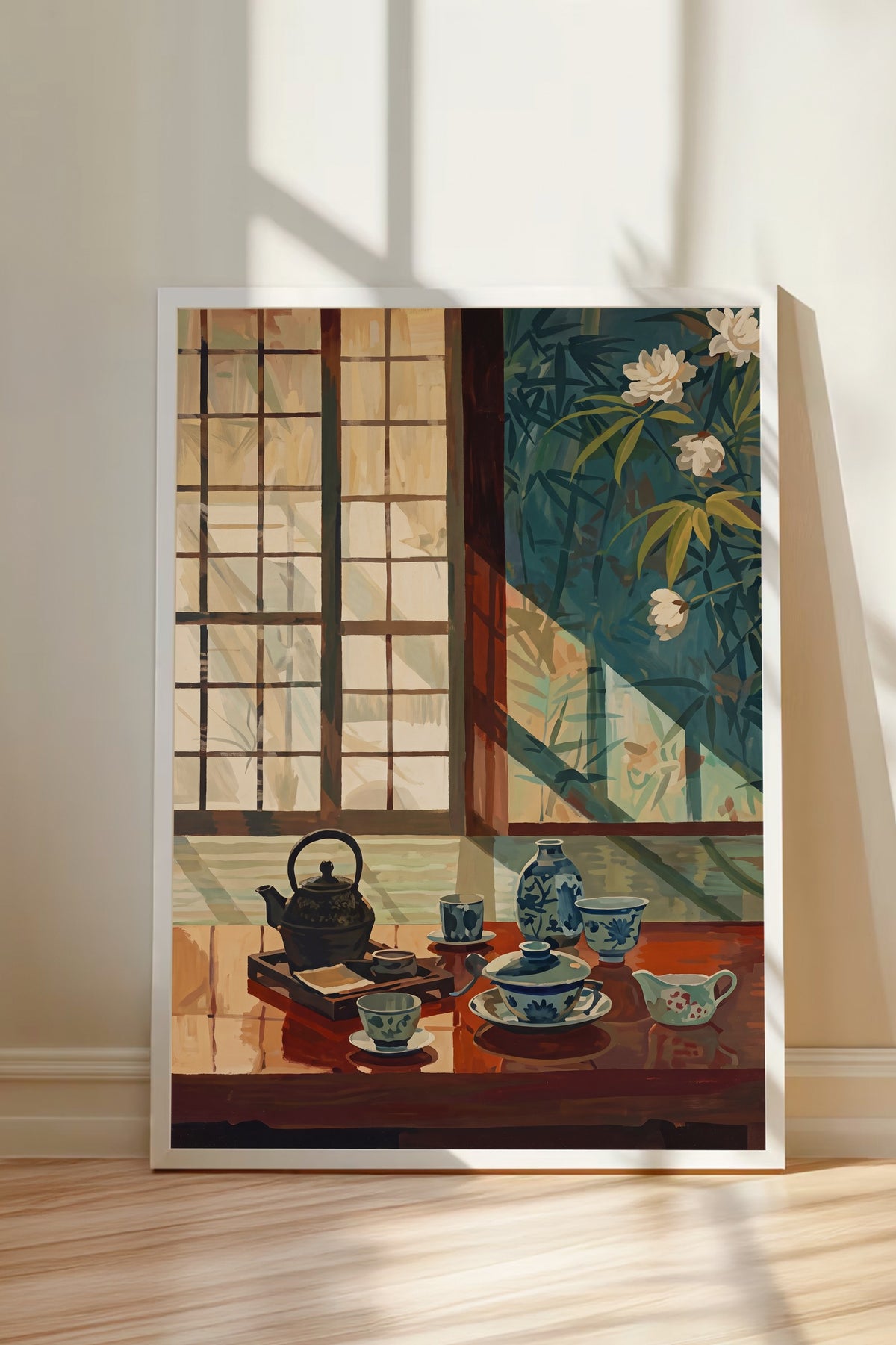 Japon Çay Seti ve Bambu Manzarası Poster – Beyaz Çerçeveli Tablo
