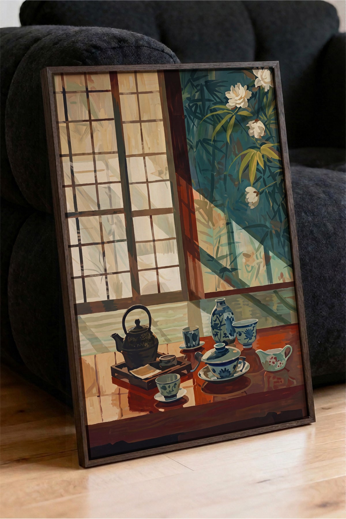 Japon Çay Seti ve Bambu Manzarası Poster – Kahverengi Çerçeveli Tablo